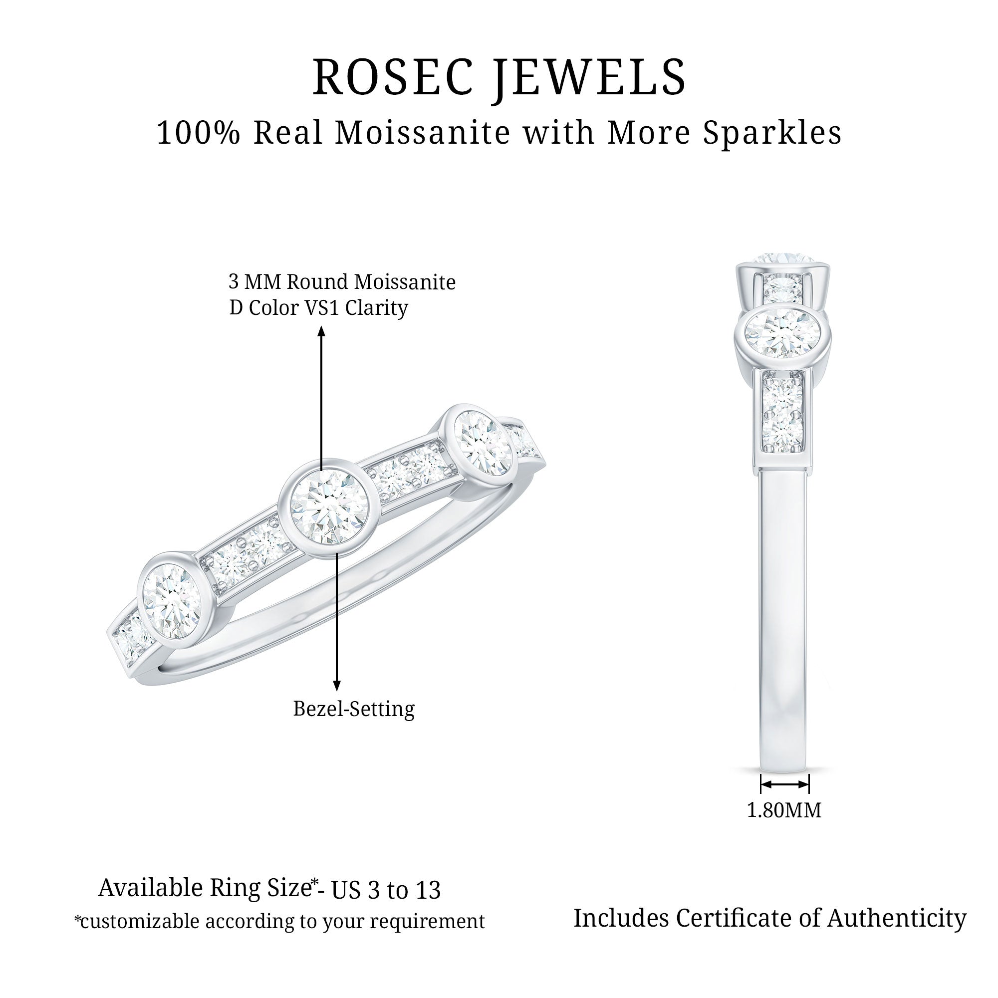 Certified Moissanite Semi Eternity Wedding Band Ring D-VS1 - Rosec Jewels