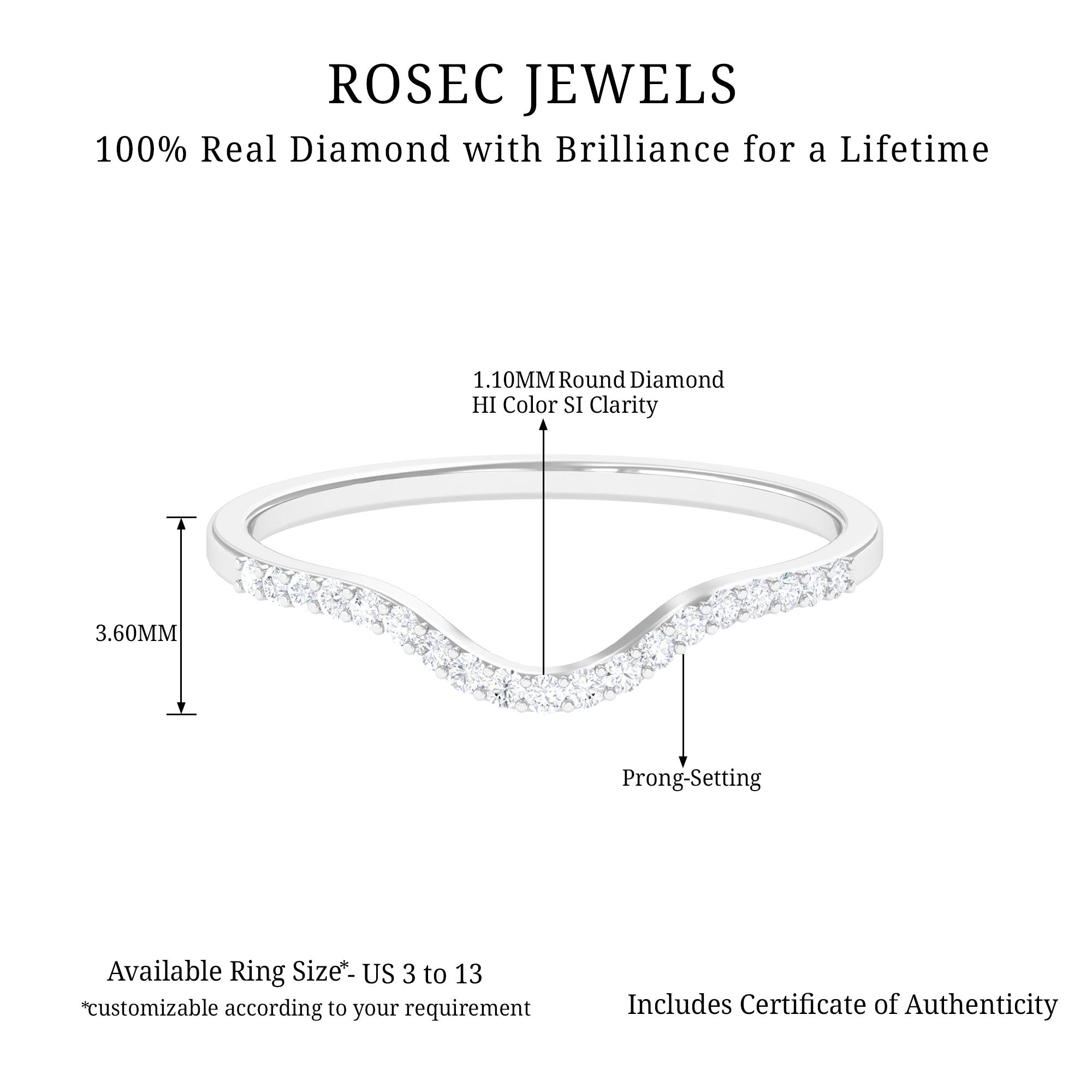Real Diamond Curved Enhancer for Engagement Ring in Gold Diamond - ( HI-SI ) - Color and Clarity - Rosec Jewels