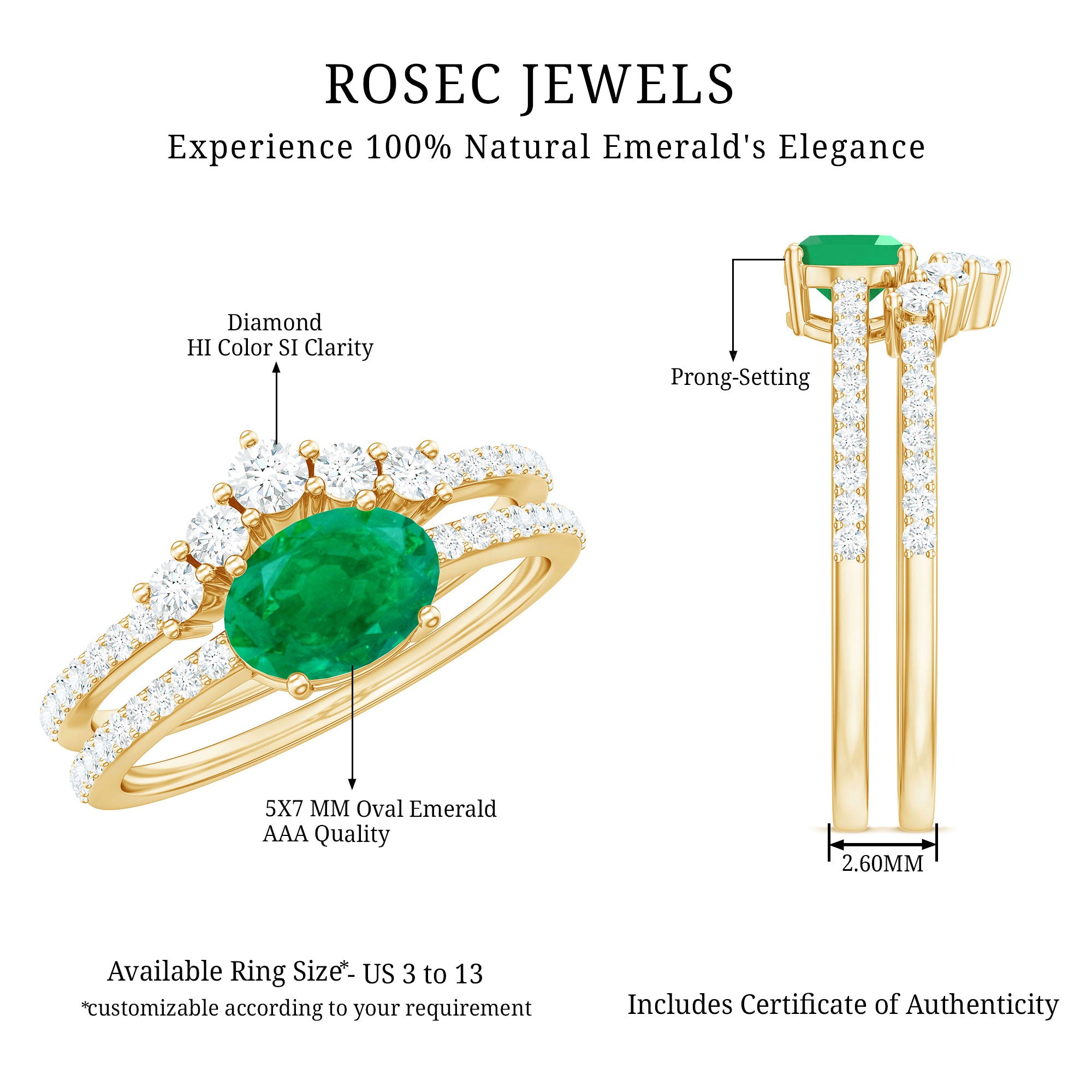 Natural Oval Emerald Diamond East West Engagement Ring and Wedding Band Set AAA - Rosec Jewels