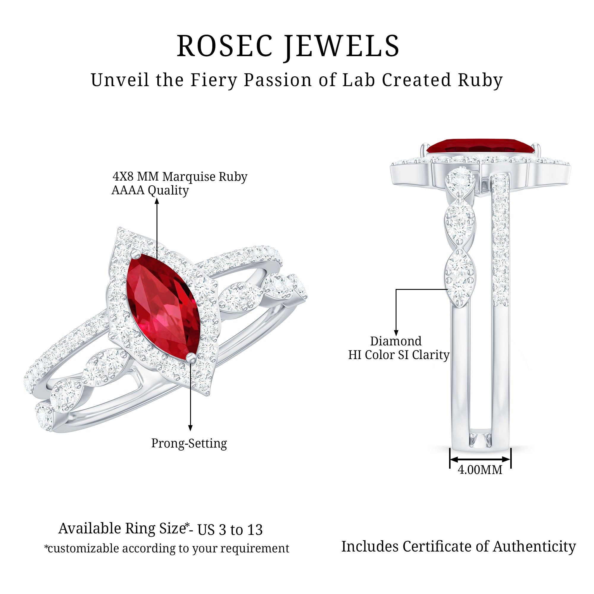 Vintage Inspired Lab Ruby and Diamond Double Band Engagement Ring AAAA - Rosec Jewels