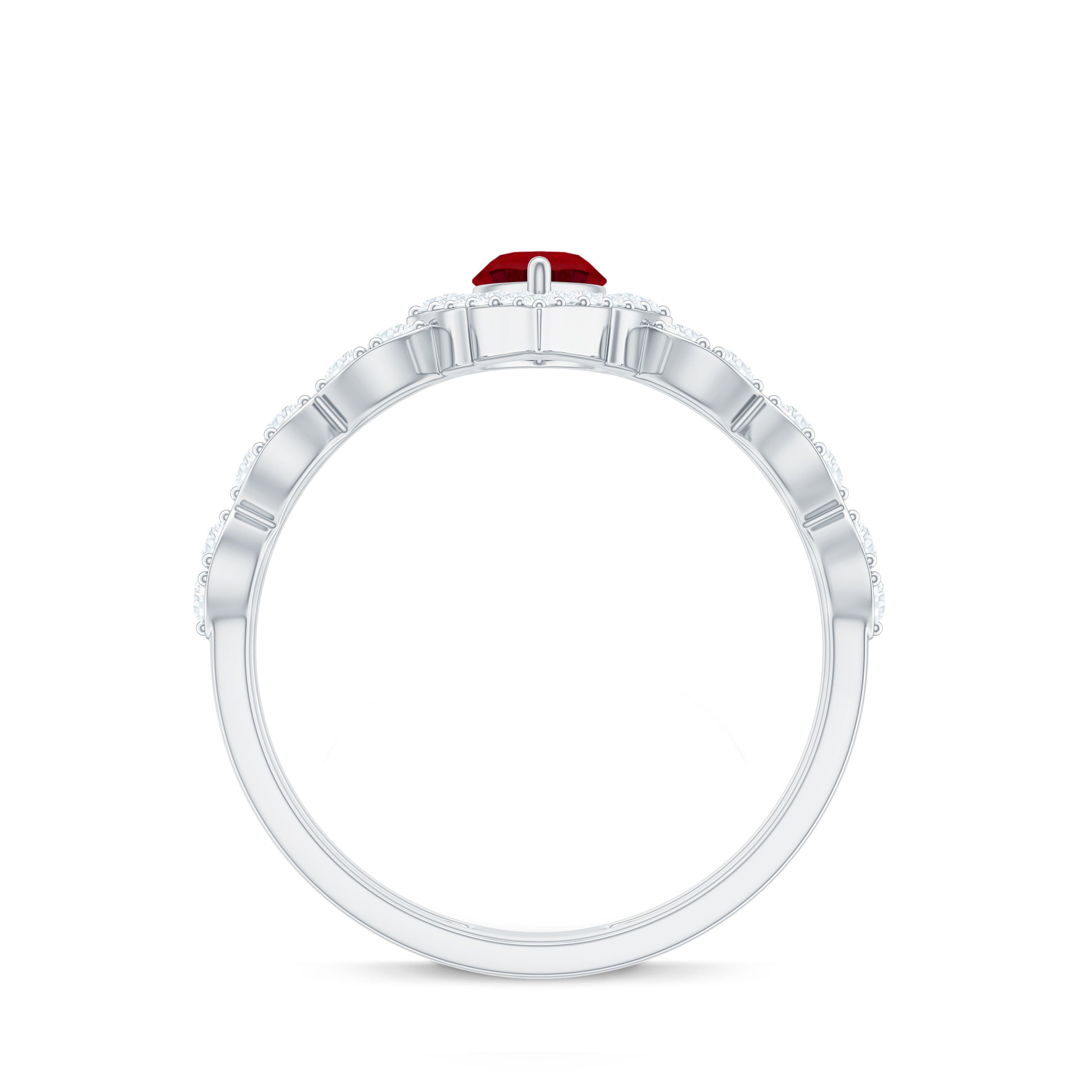 Vintage Inspired Lab Ruby and Diamond Double Band Engagement Ring AAAA - Rosec Jewels