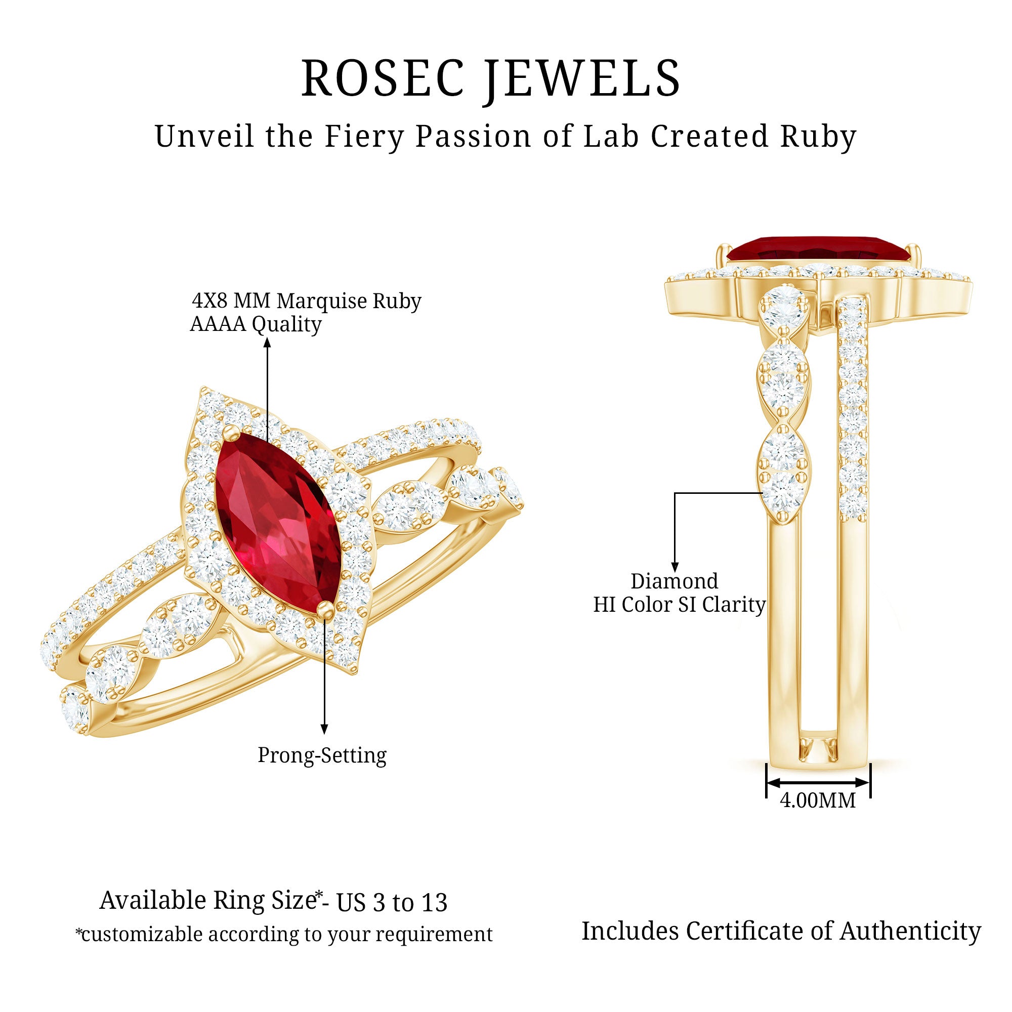 Vintage Inspired Lab Ruby and Diamond Double Band Engagement Ring AAAA - Rosec Jewels
