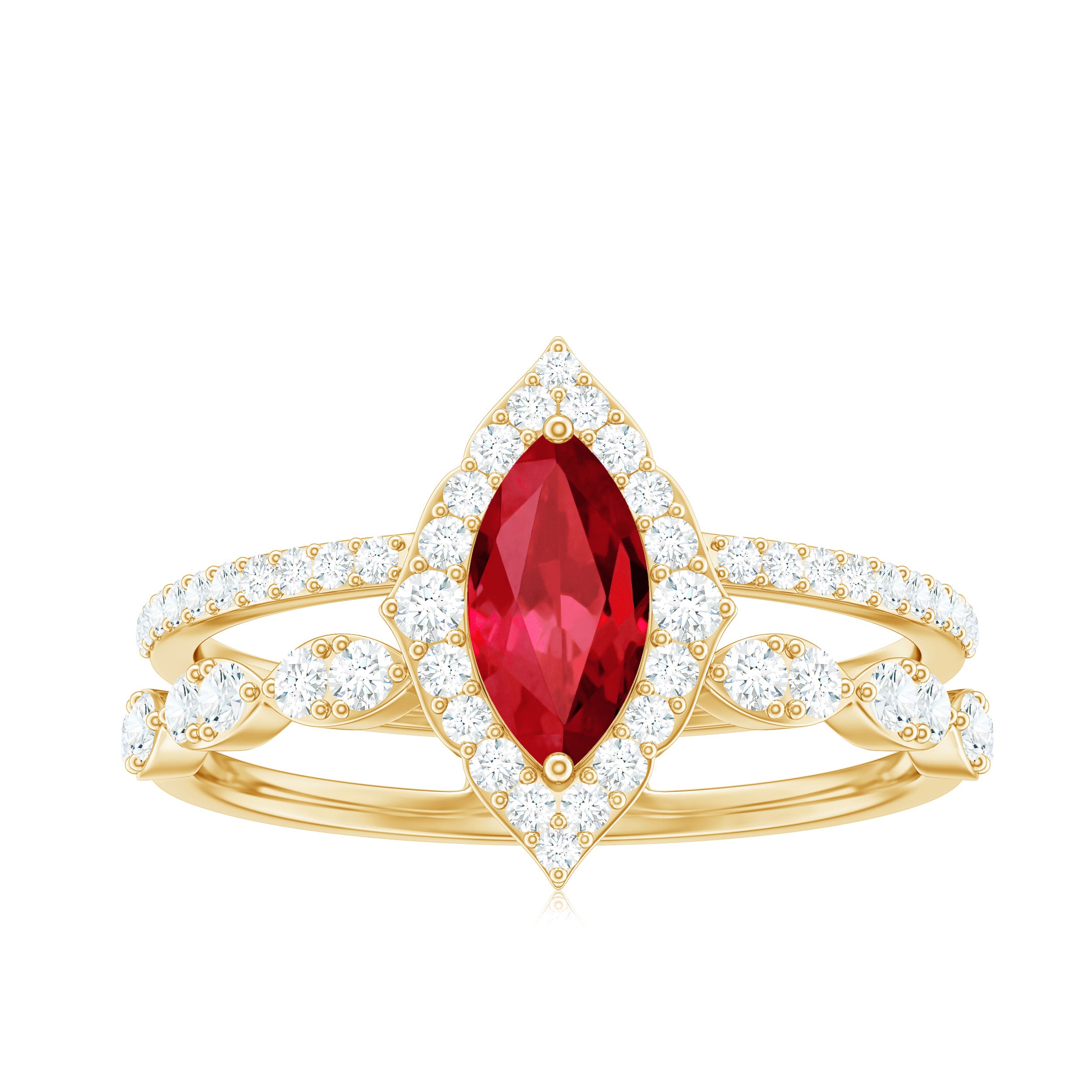 Vintage Inspired Lab Ruby and Diamond Double Band Engagement Ring AAAA - Rosec Jewels