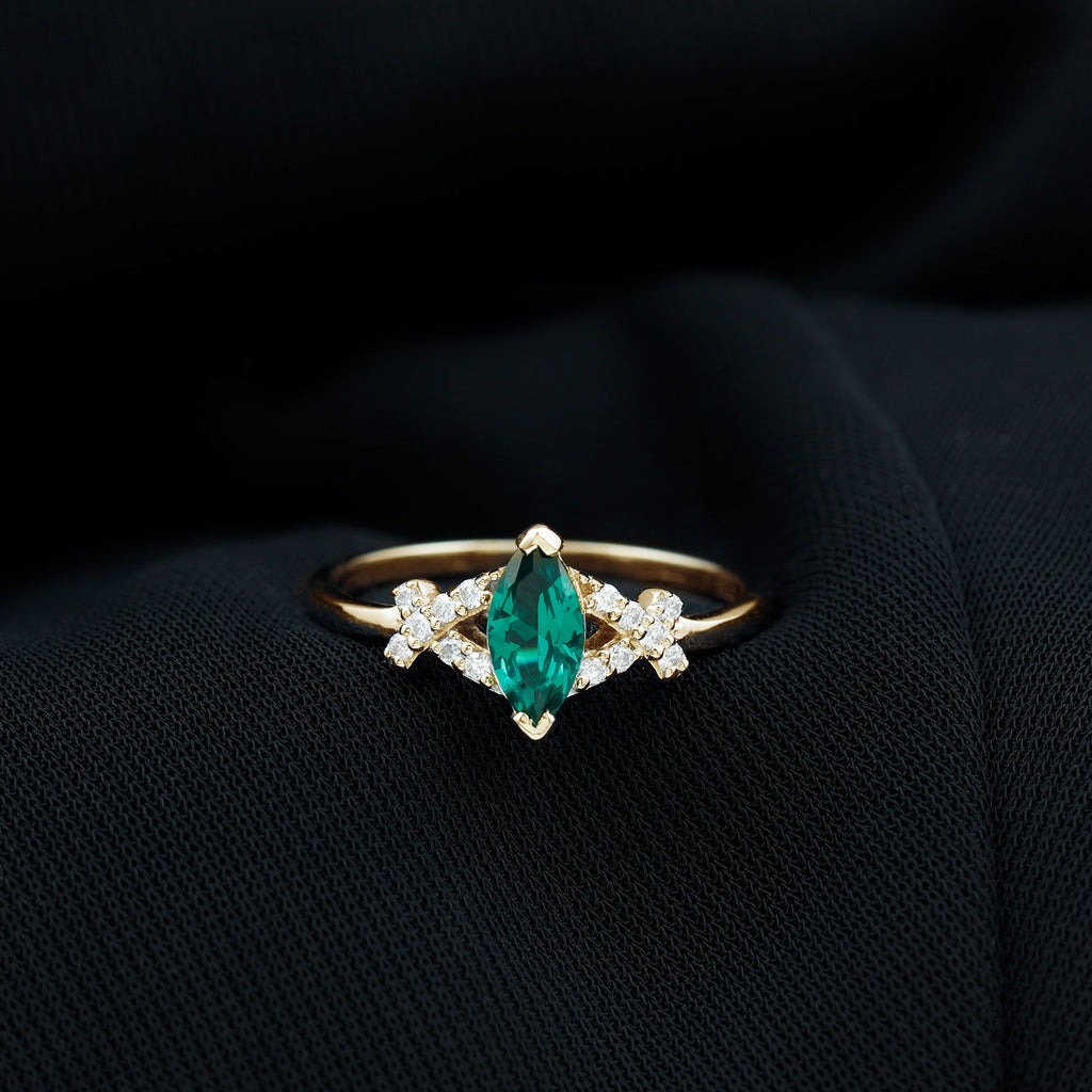 3/4 CT Marquise Cut Created Emerald Solitaire Ring with Diamond Lab Created Emerald - ( AAAA ) - Quality - Rosec Jewels
