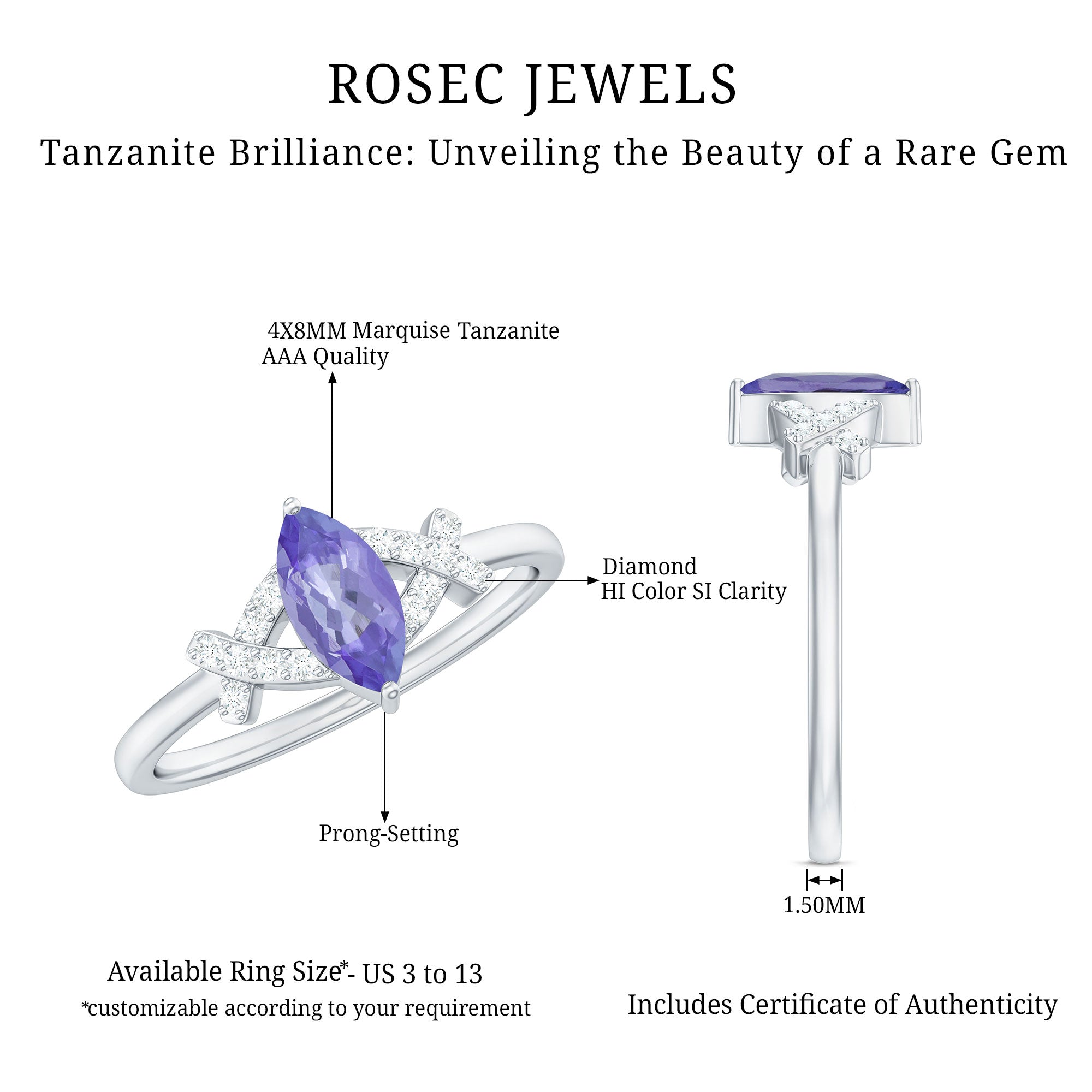 Rosec Jewels-Natural Marquise Tanzanite Diamond Promise Ring for Engagement