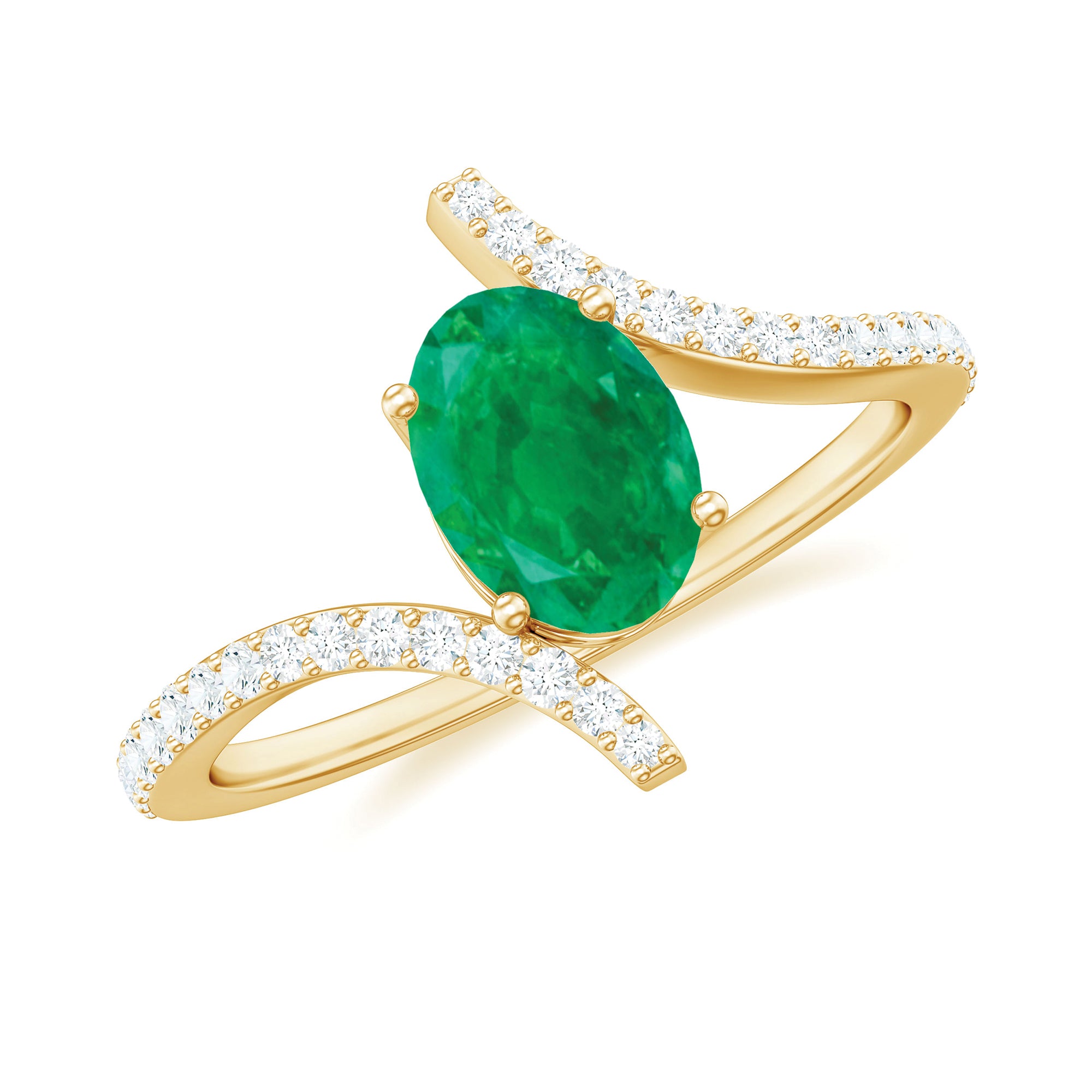 Oval Shaped Emerald Bypass Engagement Ring with Diamonds AAA - Rosec Jewels