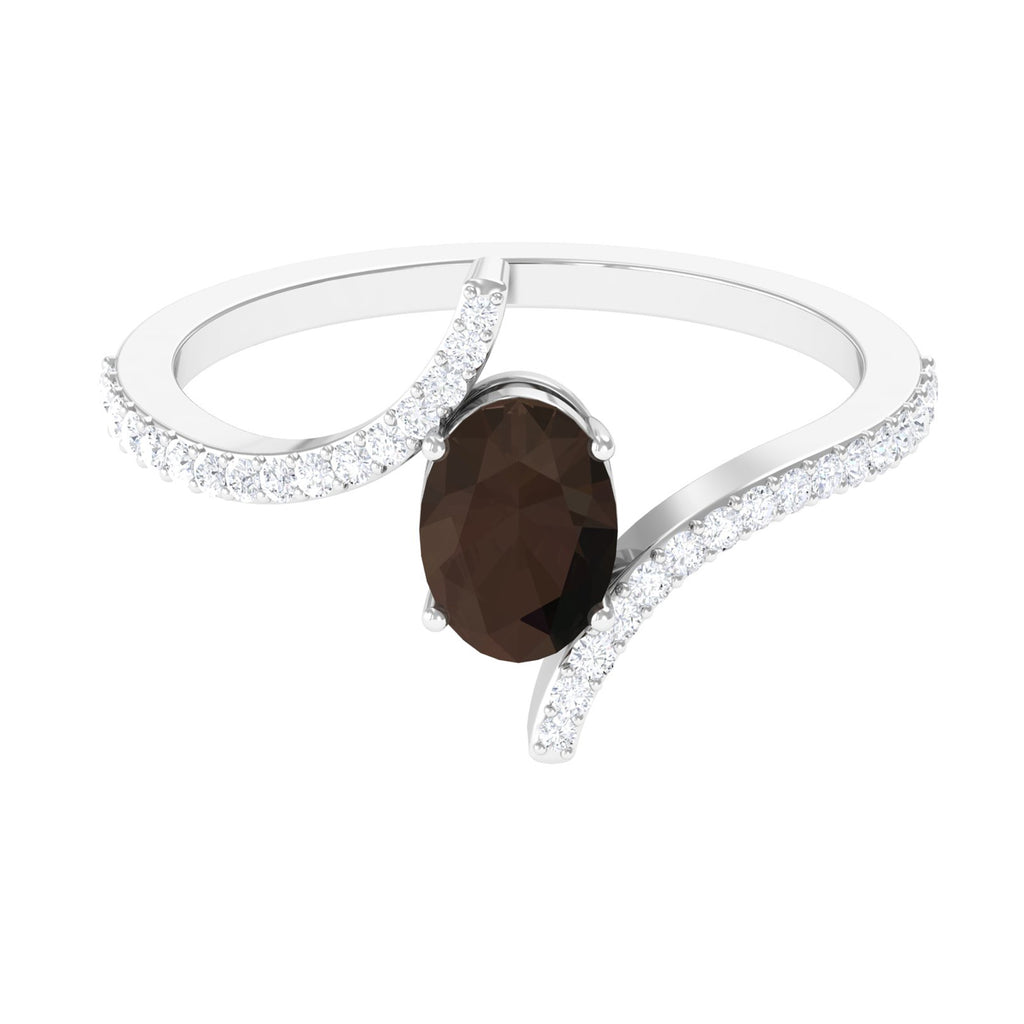 Oval Smoky Quartz Solitaire Bypass Ring with Diamond Smoky Quartz - ( AAA ) - Quality - Rosec Jewels