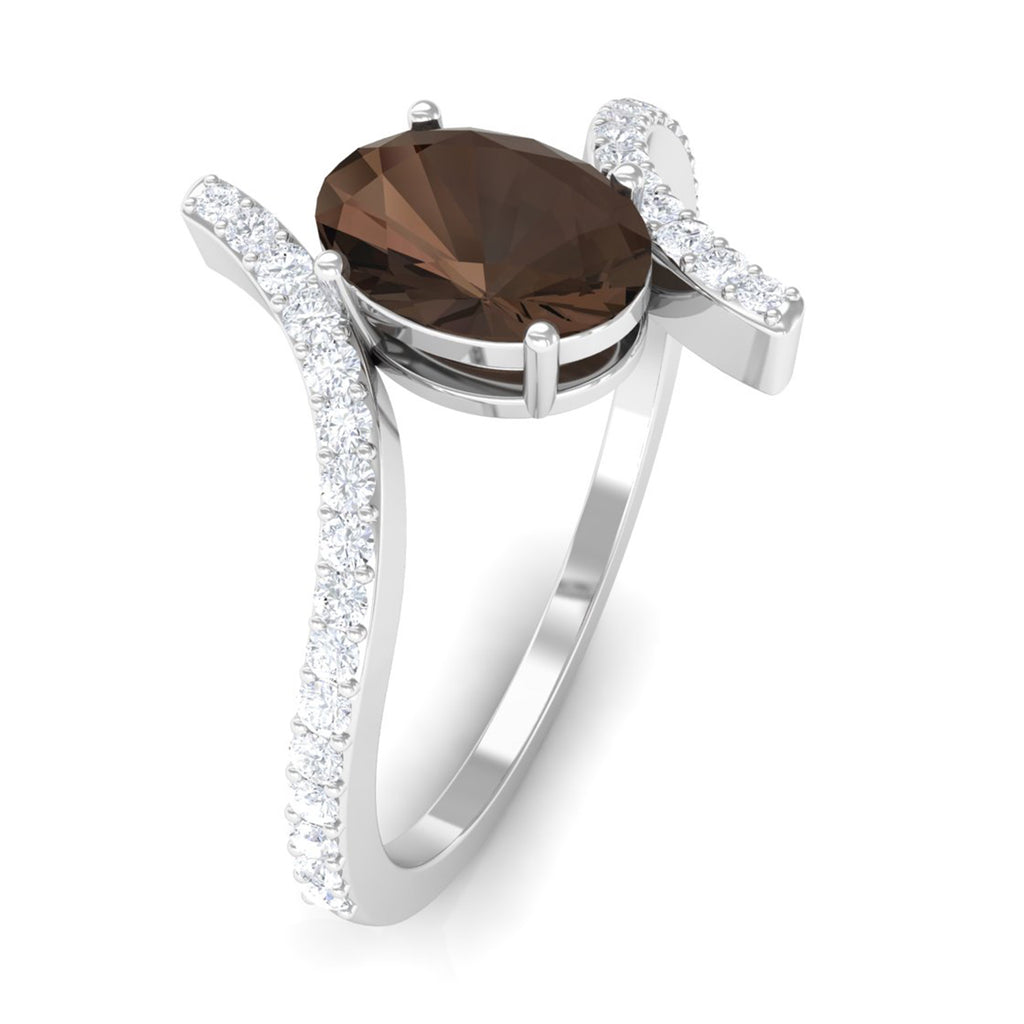 Oval Smoky Quartz Solitaire Bypass Ring with Diamond Smoky Quartz - ( AAA ) - Quality - Rosec Jewels