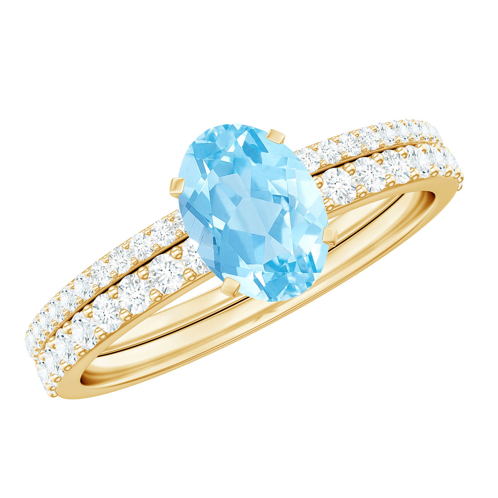 Oval Aquamarine Solitaire Wedding Ring Set with Diamond Side Stones Aquamarine - ( AAA ) - Quality - Rosec Jewels