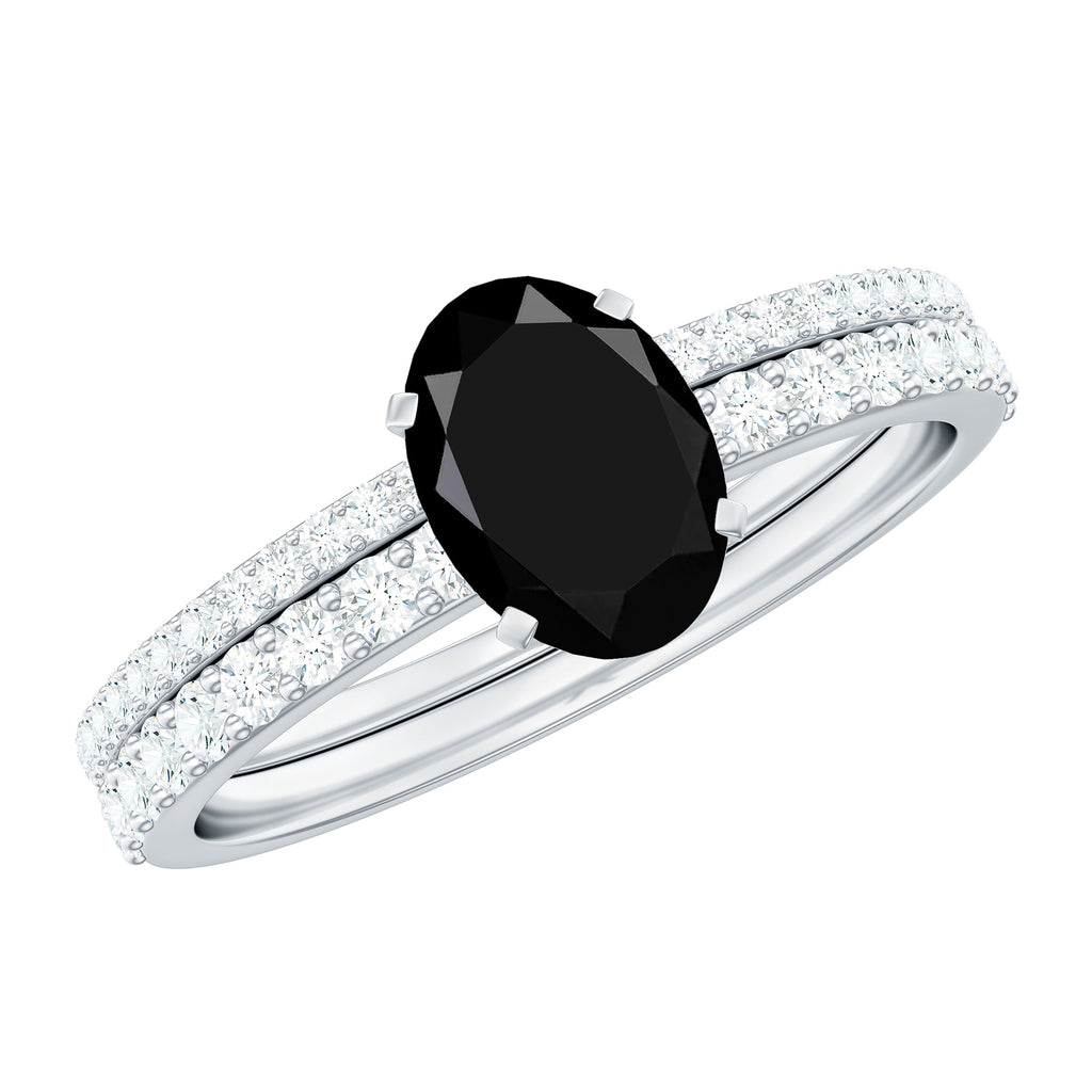 Oval Black Onyx Solitaire Wedding Ring Set with Diamond Side Stones Black Onyx - ( AAA ) - Quality - Rosec Jewels