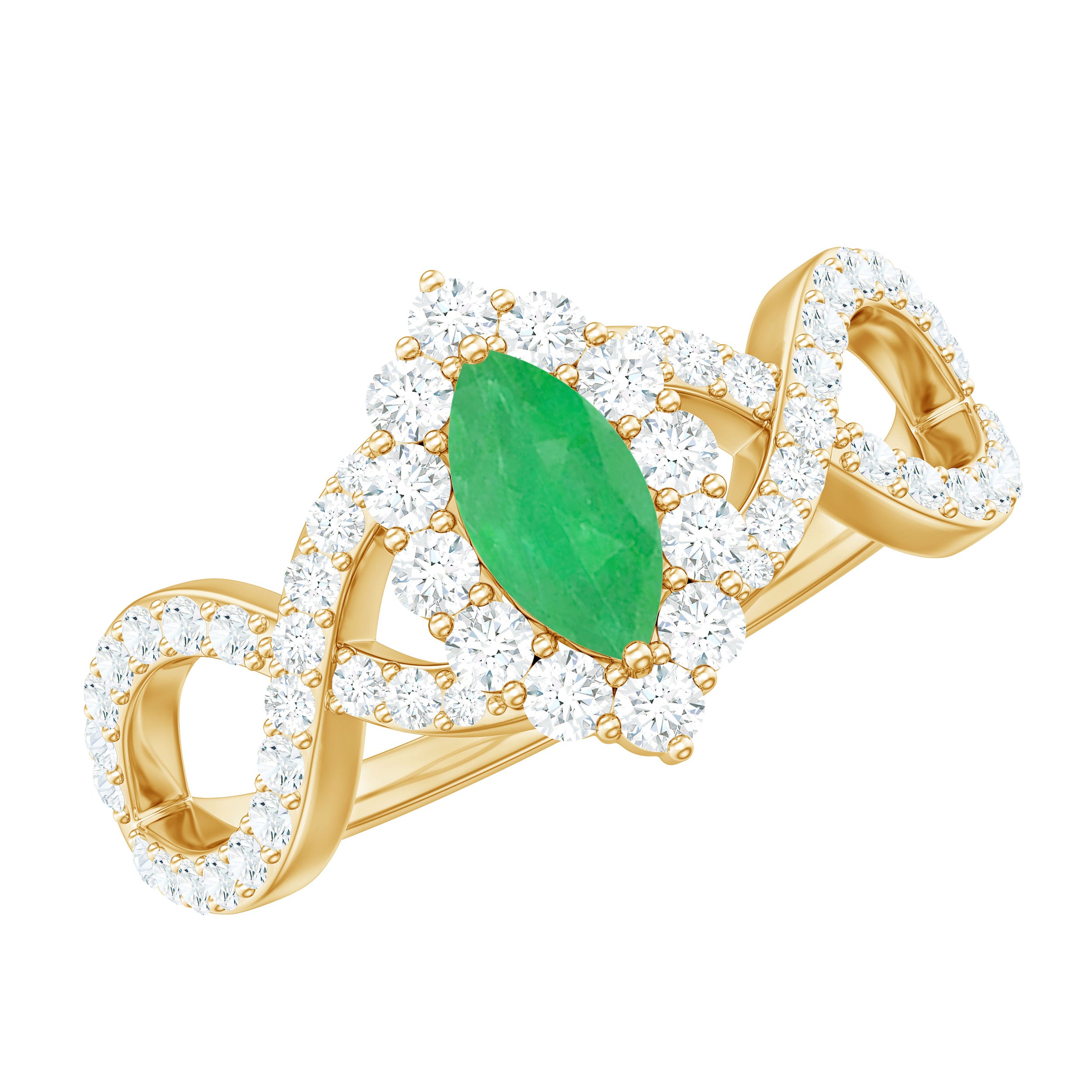Natural Marquise Emerald Diamond Halo Engagement Ring with Crossover Shank AAA - Rosec Jewels
