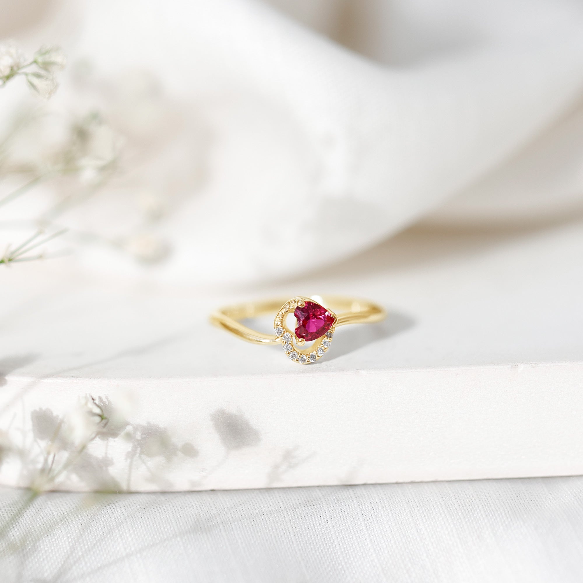 Heart Shape Lab Grown Ruby and Diamond Twisted Promise Ring AAAA - Rosec Jewels