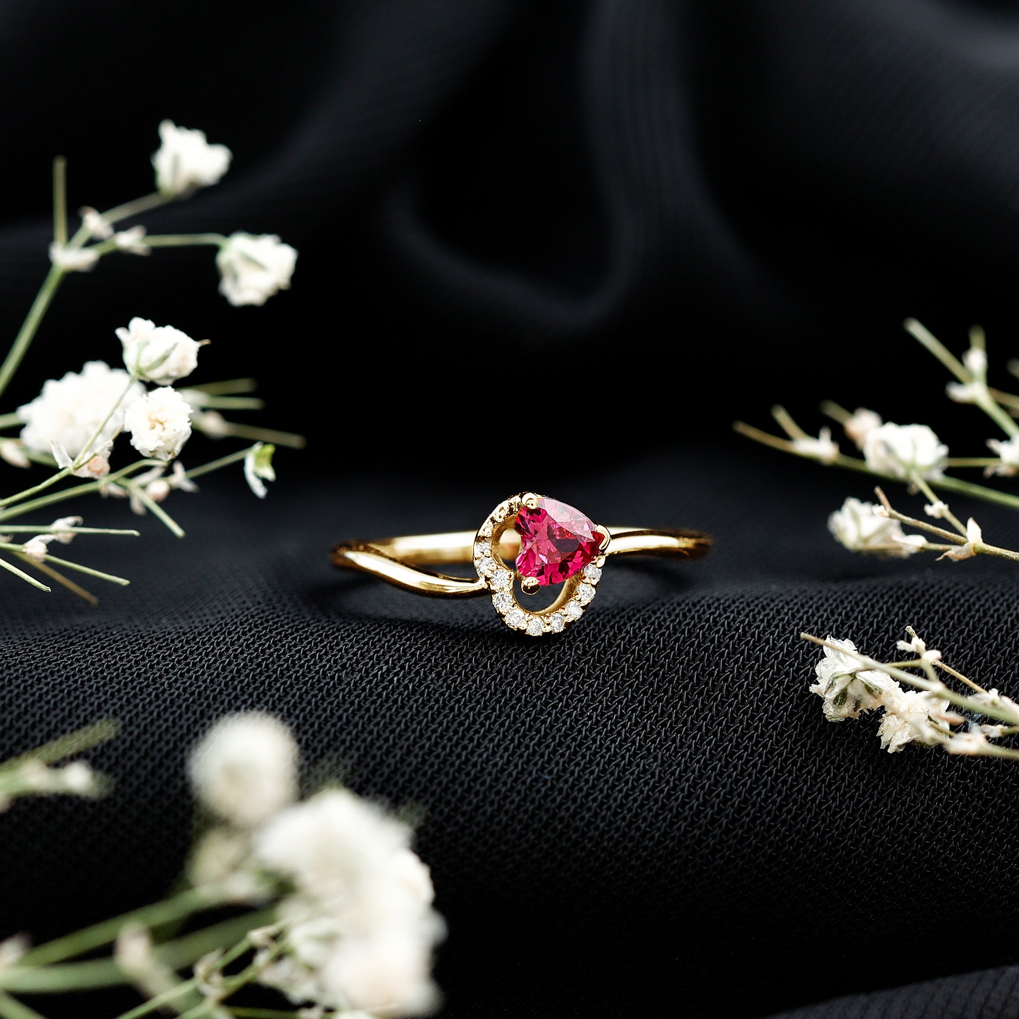 Heart Shape Lab Grown Ruby and Diamond Twisted Promise Ring AAAA - Rosec Jewels