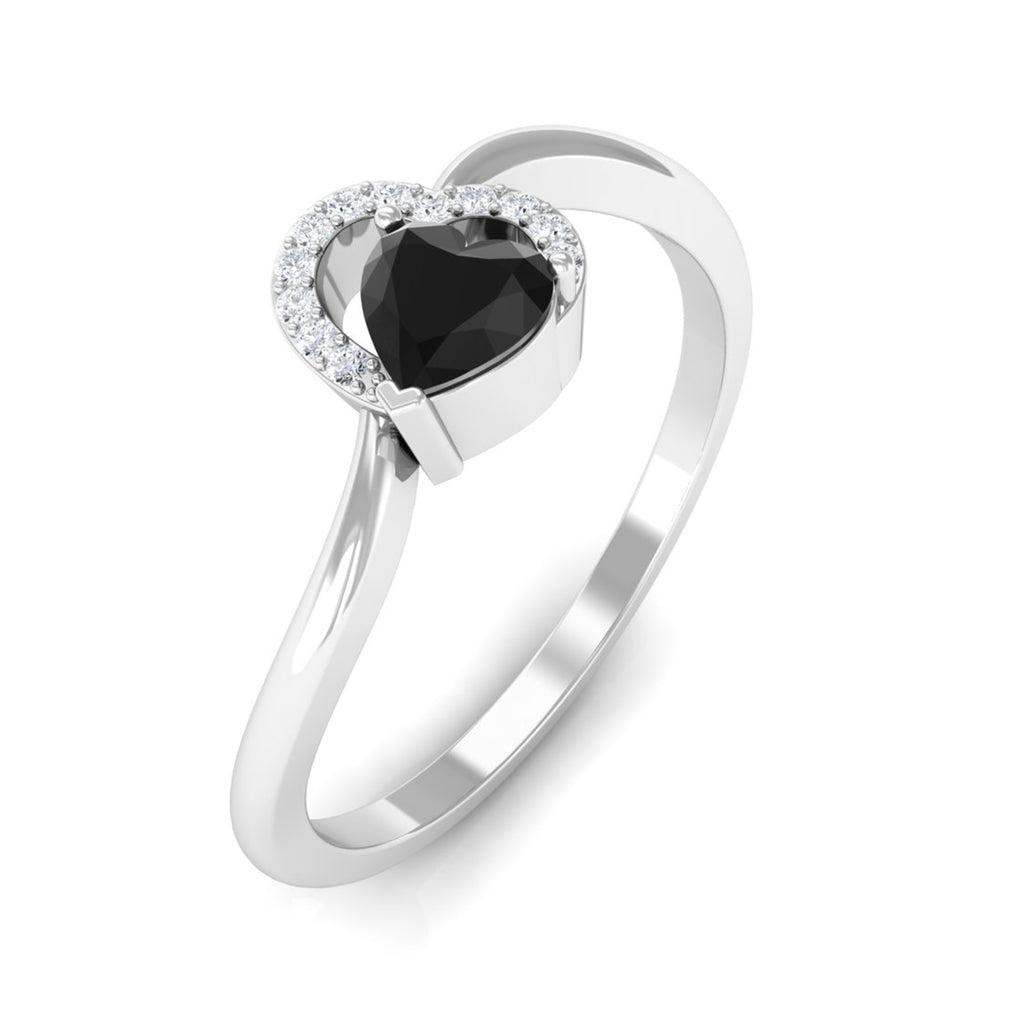 Heart Shape Black Spinel and Diamond Twisted Promise Ring Black Spinel - ( AAA ) - Quality - Rosec Jewels