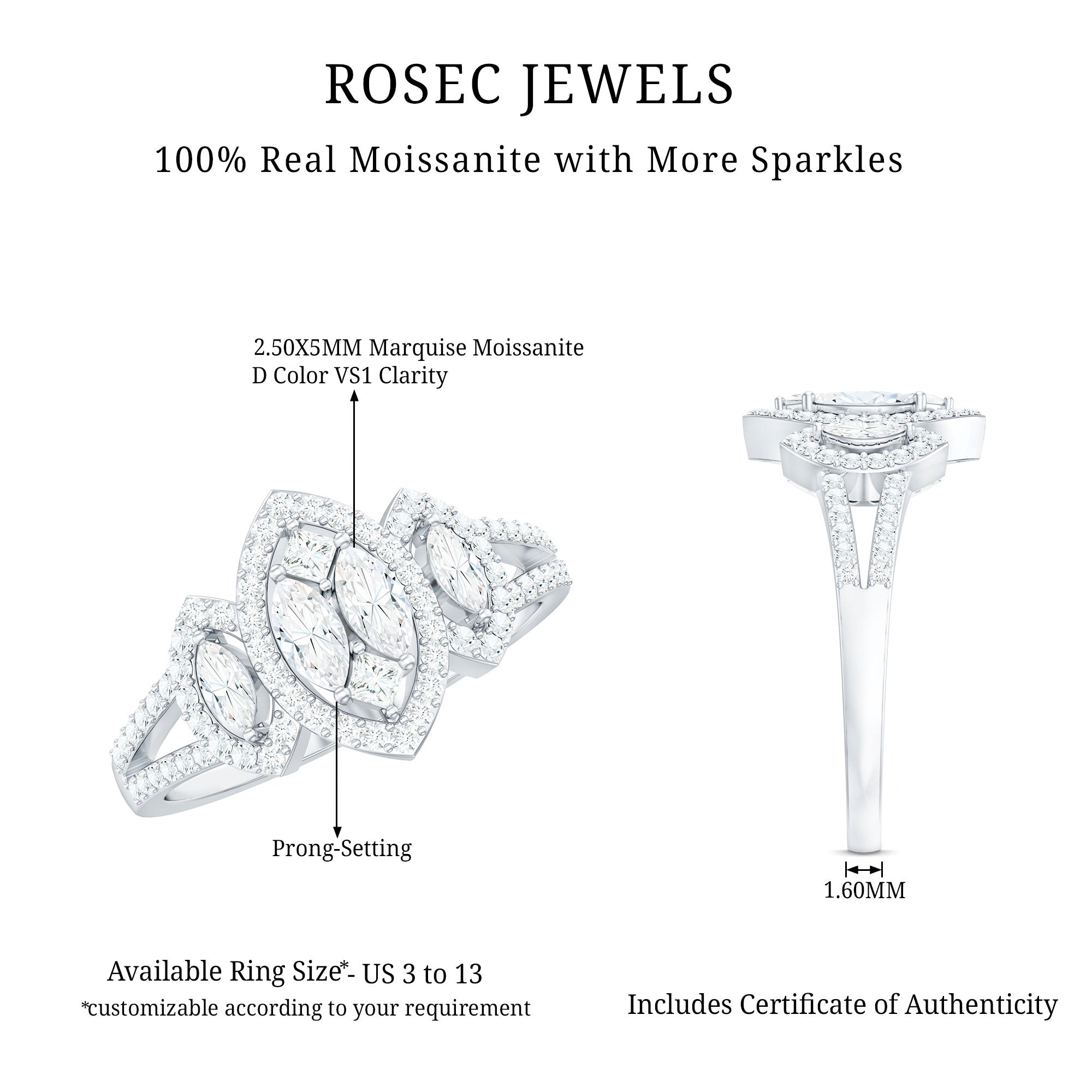 Certified Moissanite Unique Engagement Ring in Split Shank D-VS1 - Rosec Jewels