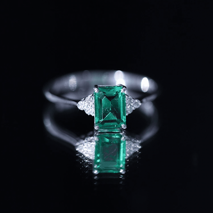 Certified 6X8 mm Lab Grown Emerald Cut Emerald Engagement Ring with Diamond Trio AAAA - Rosec Jewels
