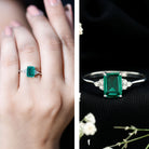 Certified 6X8 mm Lab Grown Emerald Cut Emerald Engagement Ring with Diamond Trio AAAA - Rosec Jewels