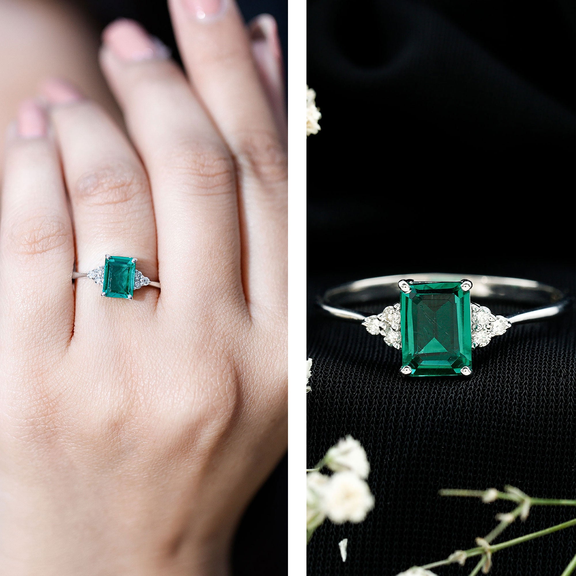 Certified 6X8 mm Lab Grown Emerald Cut Emerald Engagement Ring with Diamond Trio AAAA - Rosec Jewels