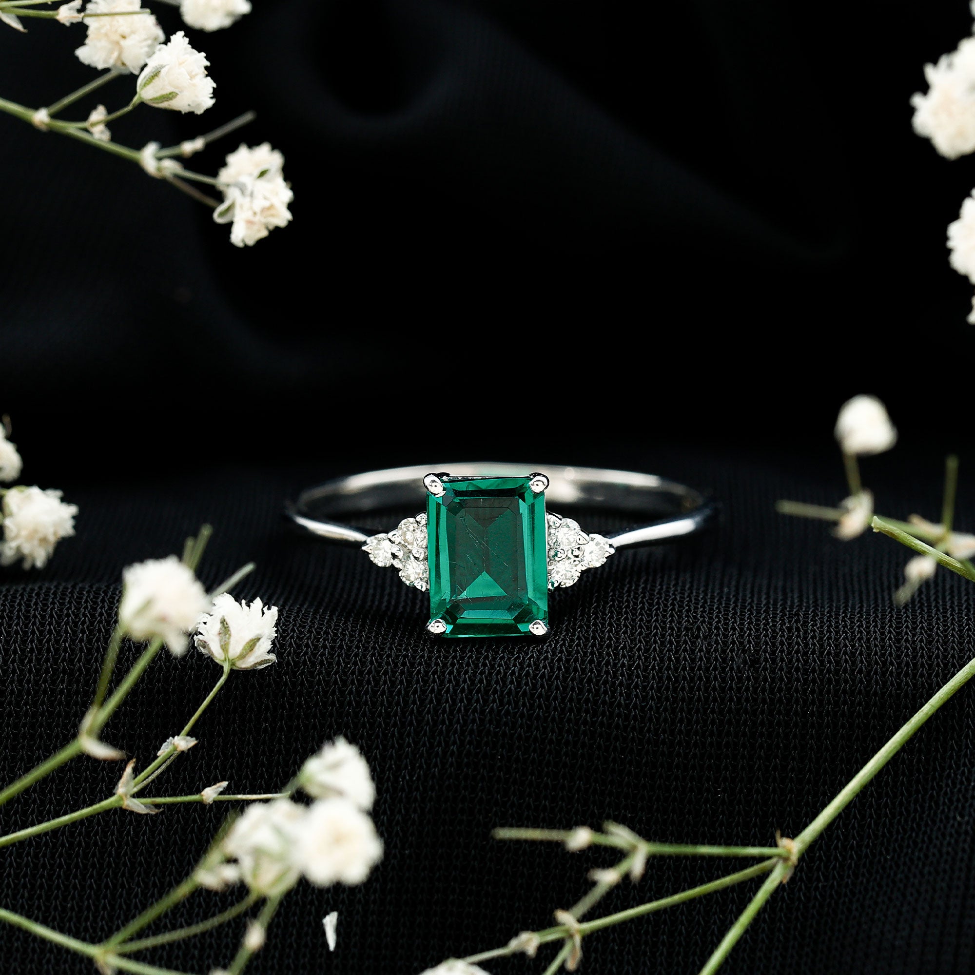 Certified 6X8 mm Lab Grown Emerald Cut Emerald Engagement Ring with Diamond Trio AAAA - Rosec Jewels