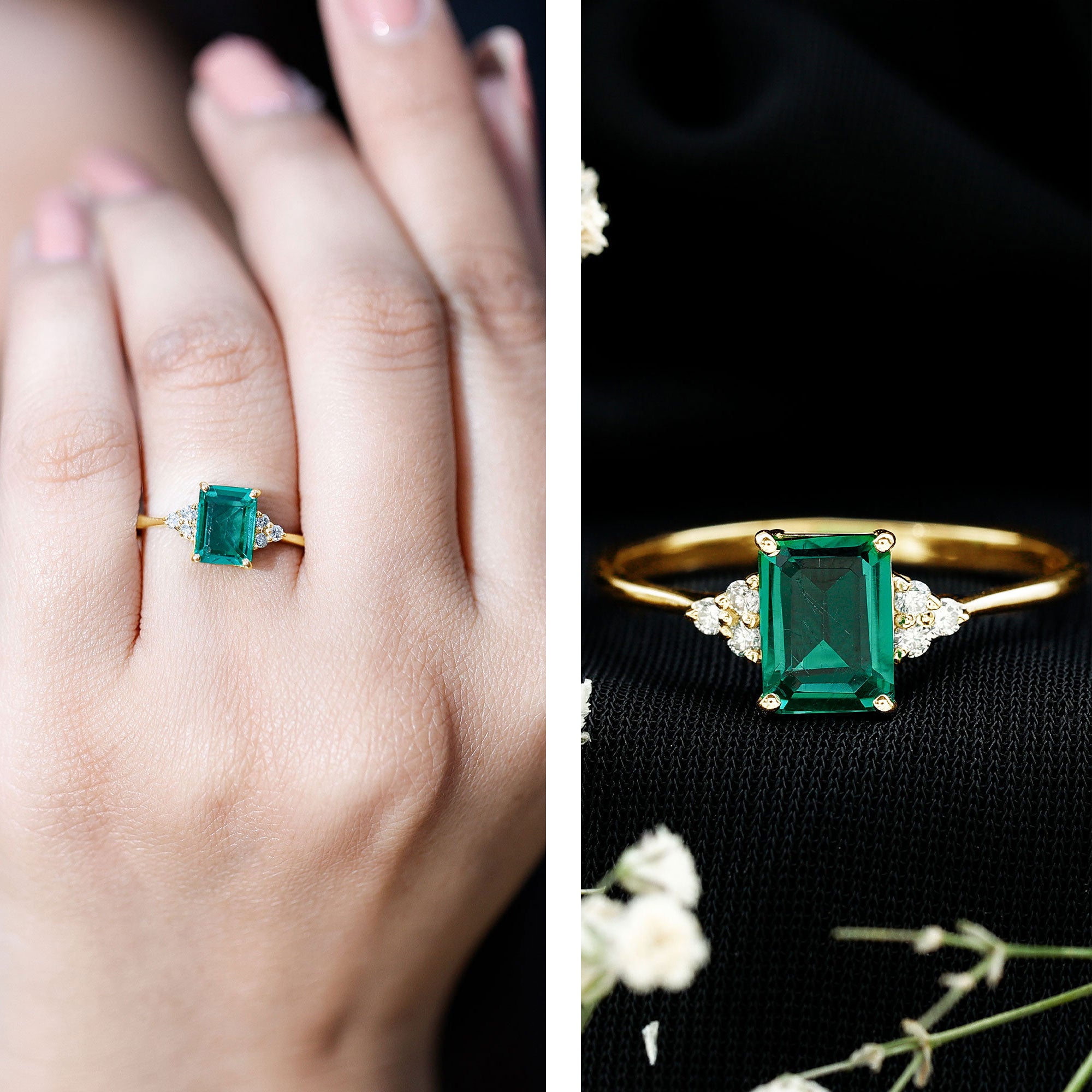 Certified 6X8 mm Lab Grown Emerald Cut Emerald Engagement Ring with Diamond Trio AAAA - Rosec Jewels