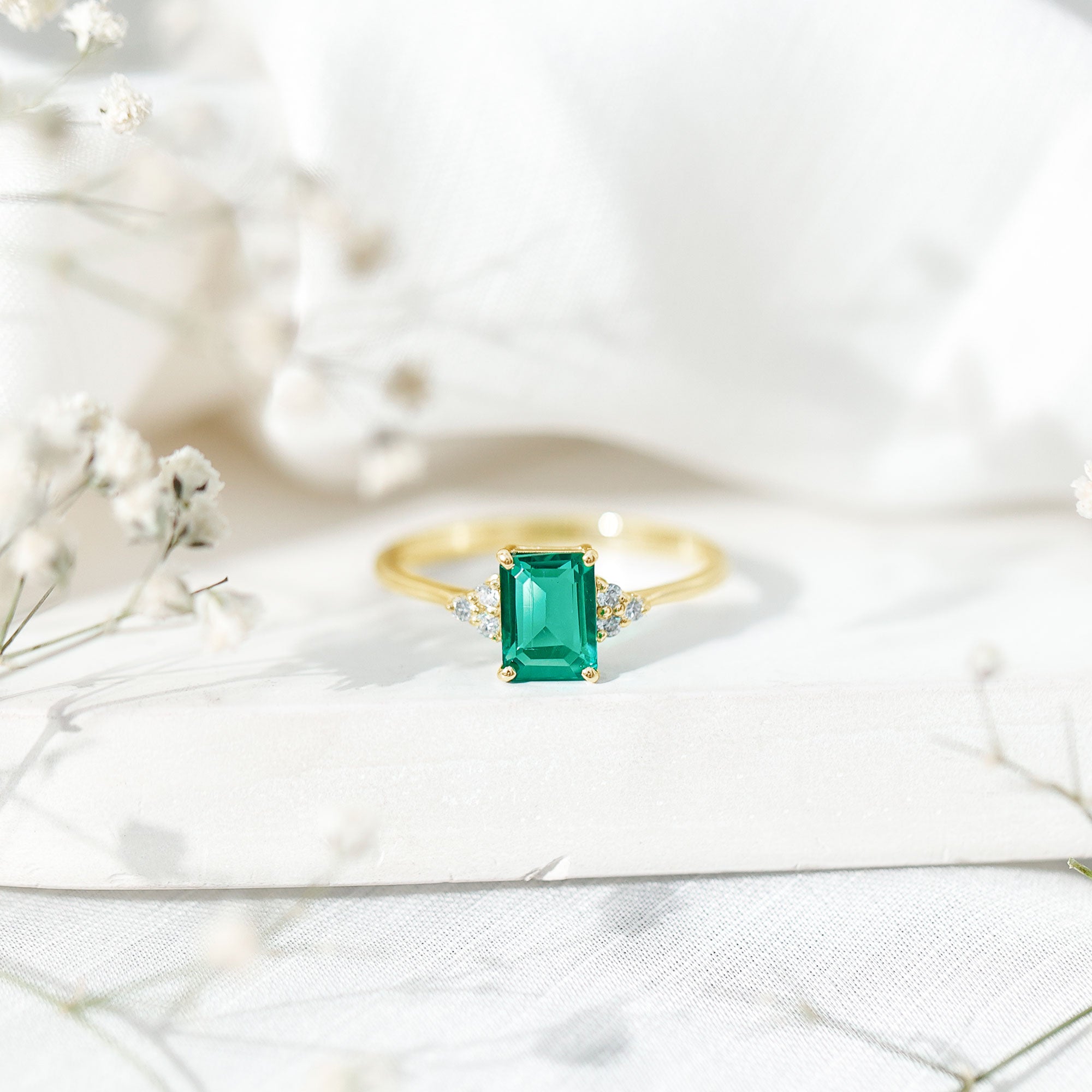 Certified 6X8 mm Lab Grown Emerald Cut Emerald Engagement Ring with Diamond Trio AAAA - Rosec Jewels
