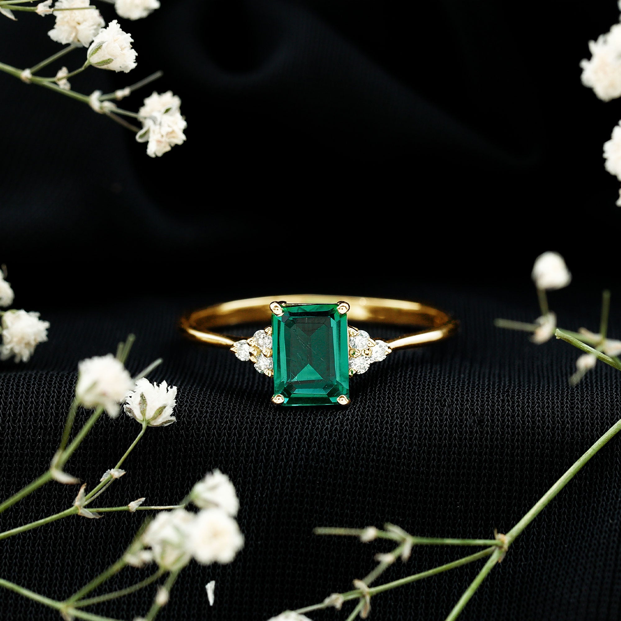 Certified 6X8 mm Lab Grown Emerald Cut Emerald Engagement Ring with Diamond Trio AAAA - Rosec Jewels