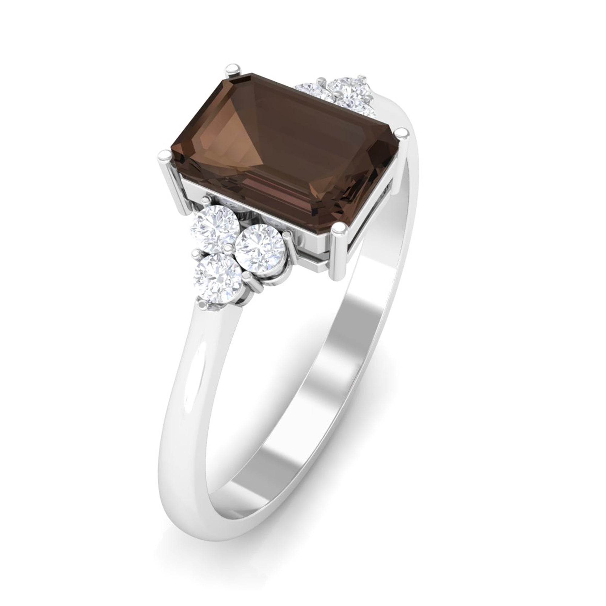 Emerald Cut Smoky Quartz Solitaire Engagement Ring with Diamond Trio Smoky Quartz - ( AAA ) - Quality - Rosec Jewels