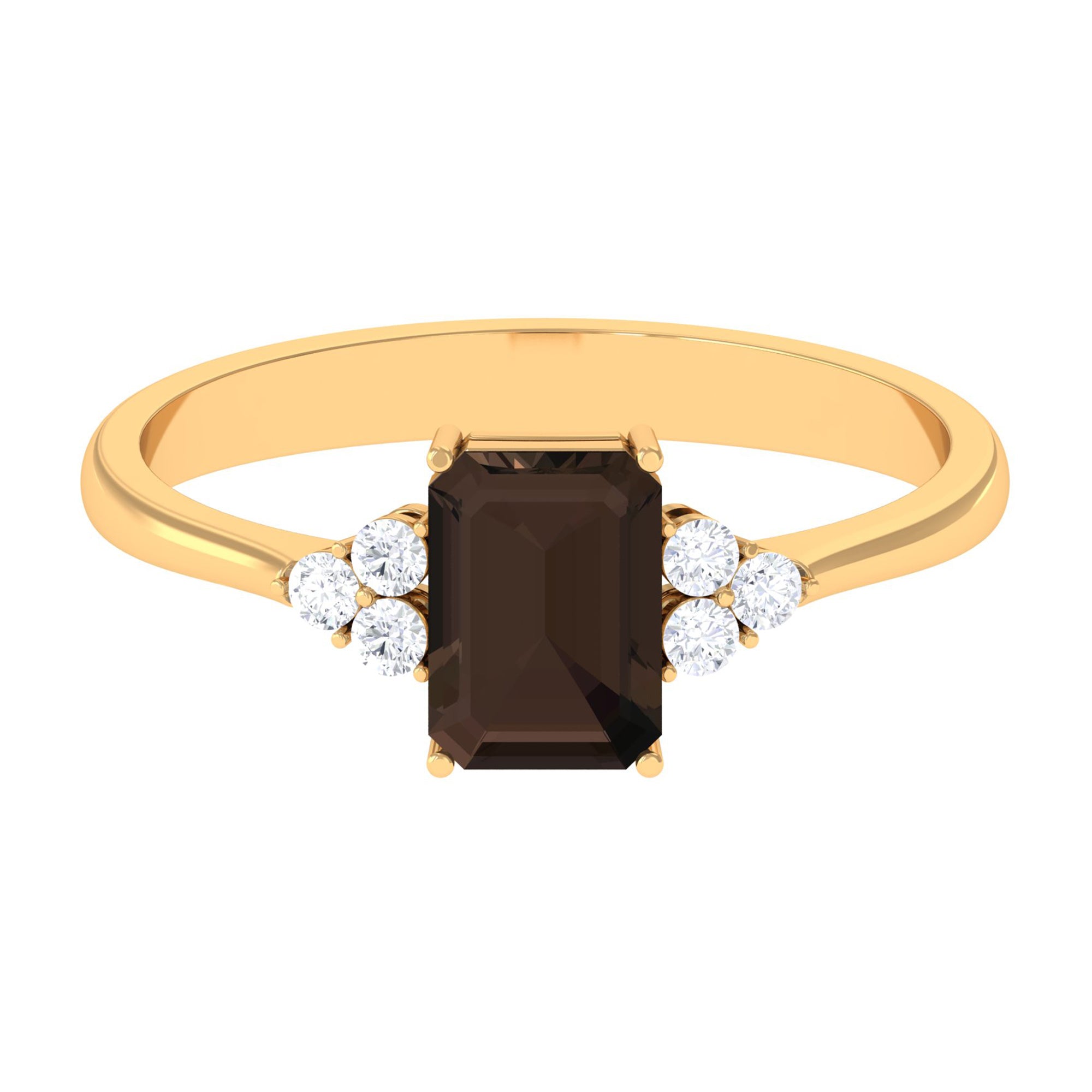 Emerald Cut Smoky Quartz Solitaire Engagement Ring with Diamond Trio Smoky Quartz - ( AAA ) - Quality - Rosec Jewels