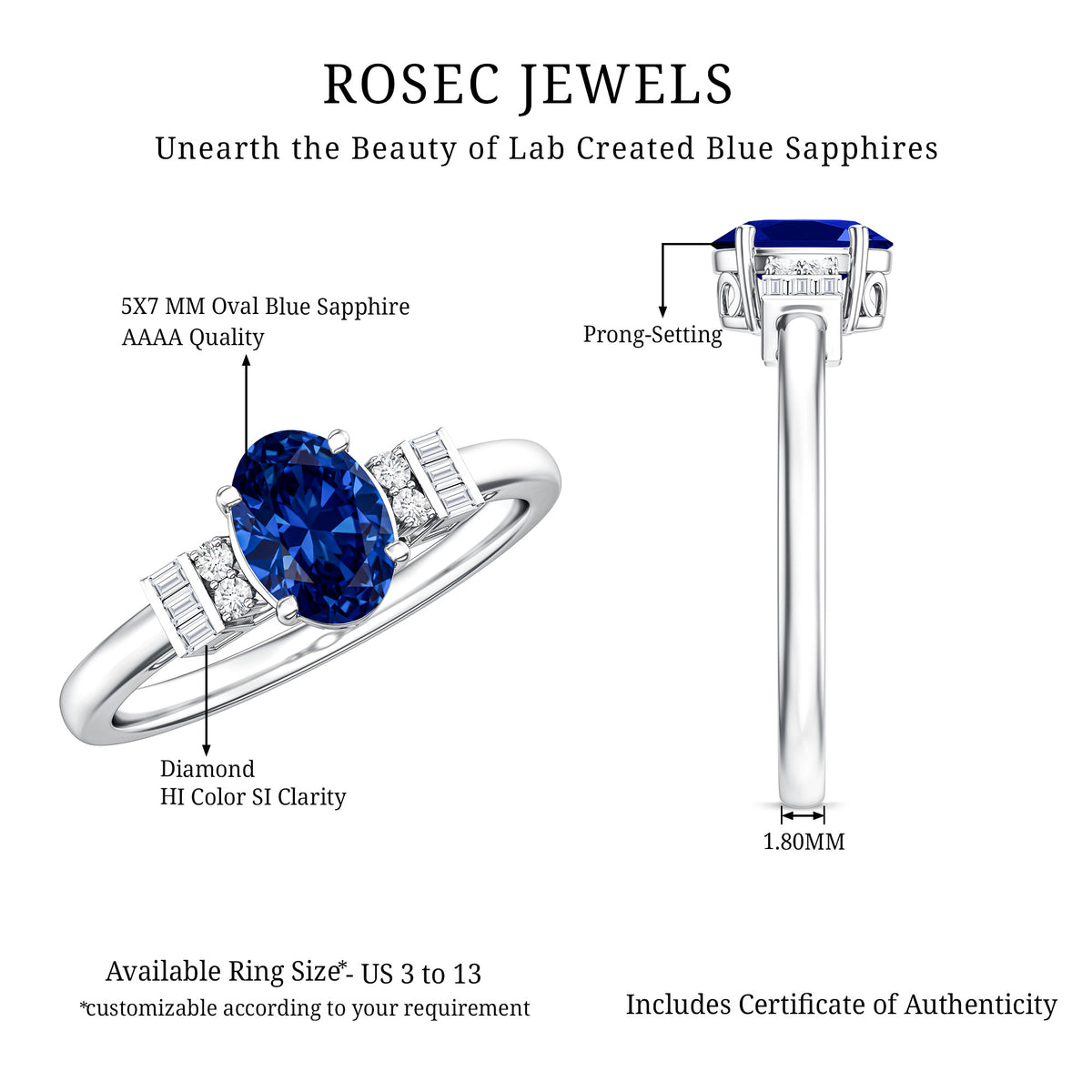 Certified 1 Carat Lab Grown Blue Sapphire Oval Engagement Ring with Diamond AAAA - Rosec Jewels