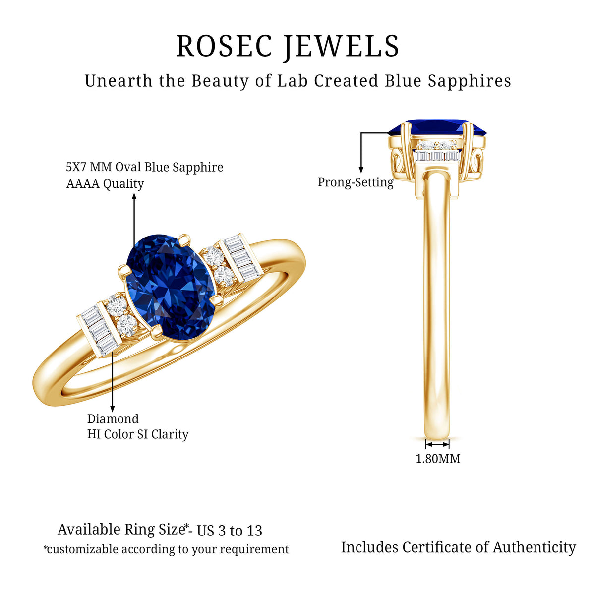 Certified 1 Carat Lab Grown Blue Sapphire Oval Engagement Ring with Diamond AAAA - Rosec Jewels