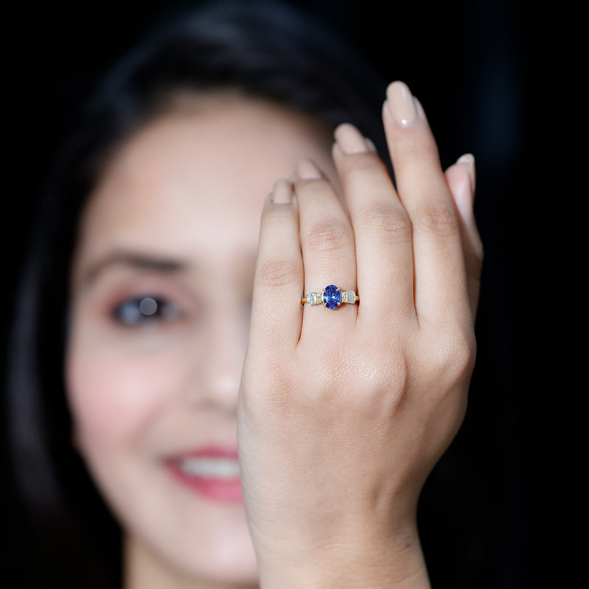 Certified 1 Carat Lab Grown Blue Sapphire Oval Engagement Ring with Diamond AAAA - Rosec Jewels