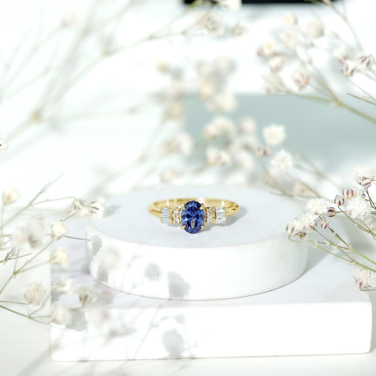 Certified 1 Carat Lab Grown Blue Sapphire Oval Engagement Ring with Diamond AAAA - Rosec Jewels