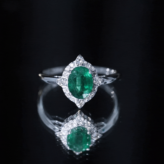 Rosec Jewels-Vintage Looking Emerald Oval Engagement Ring with Diamond Halo