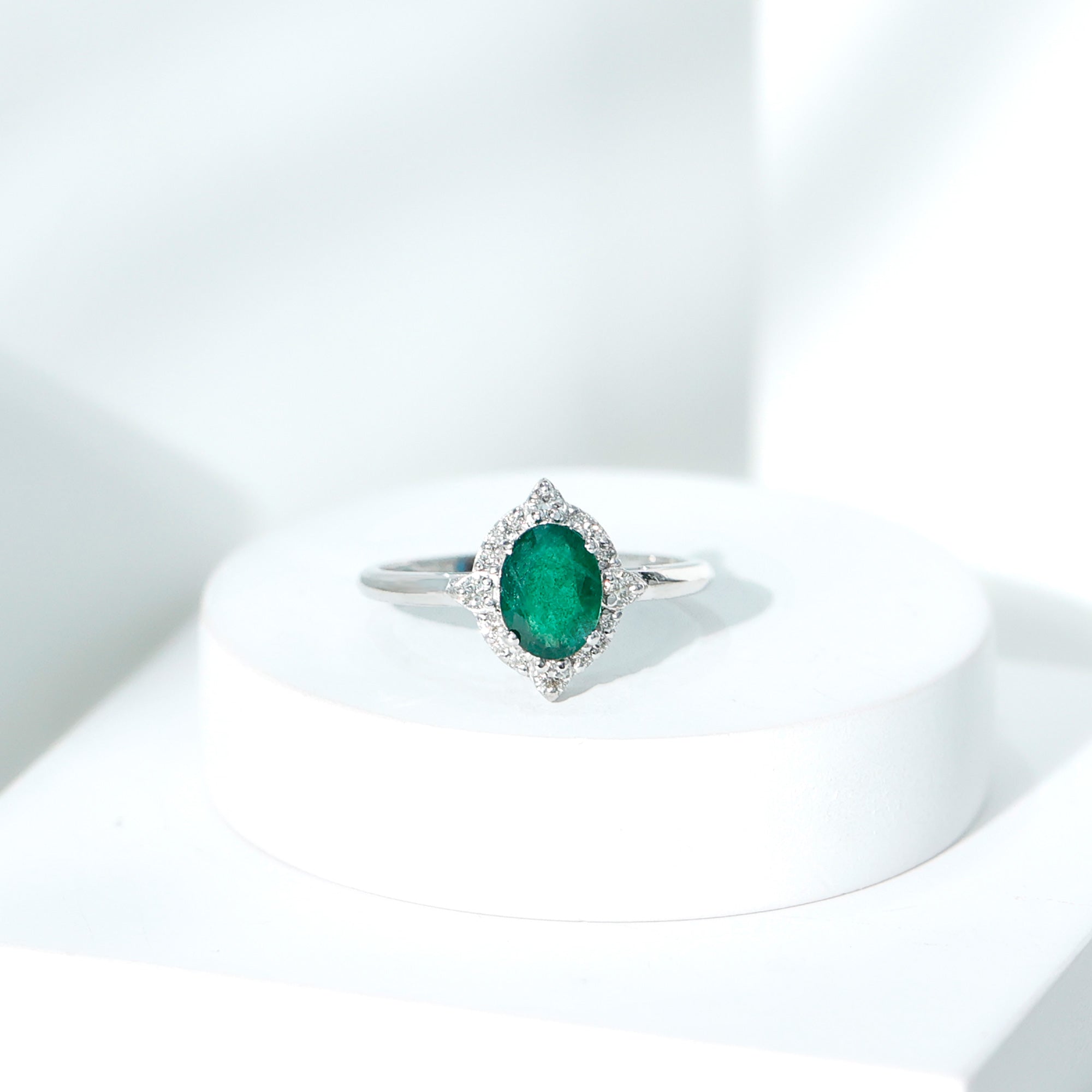 Rosec Jewels-Vintage Looking Emerald Oval Engagement Ring with Diamond Halo