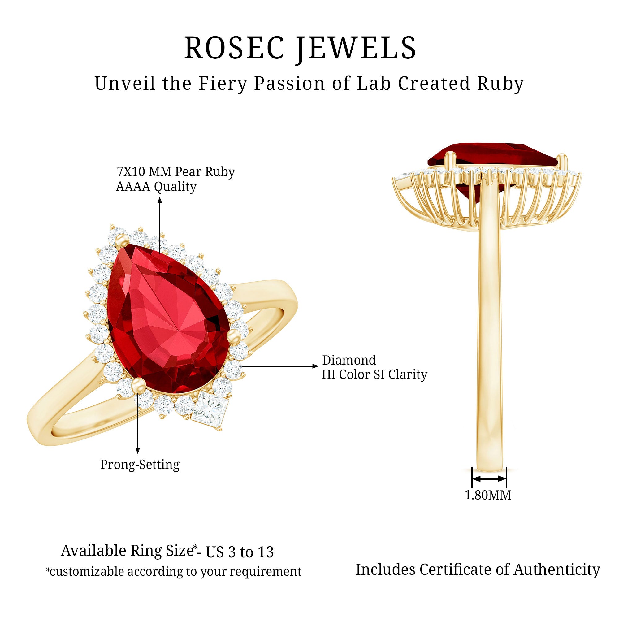 Lab Ruby Teardrop Engagement Ring with Diamond Halo AAAA - Rosec Jewels