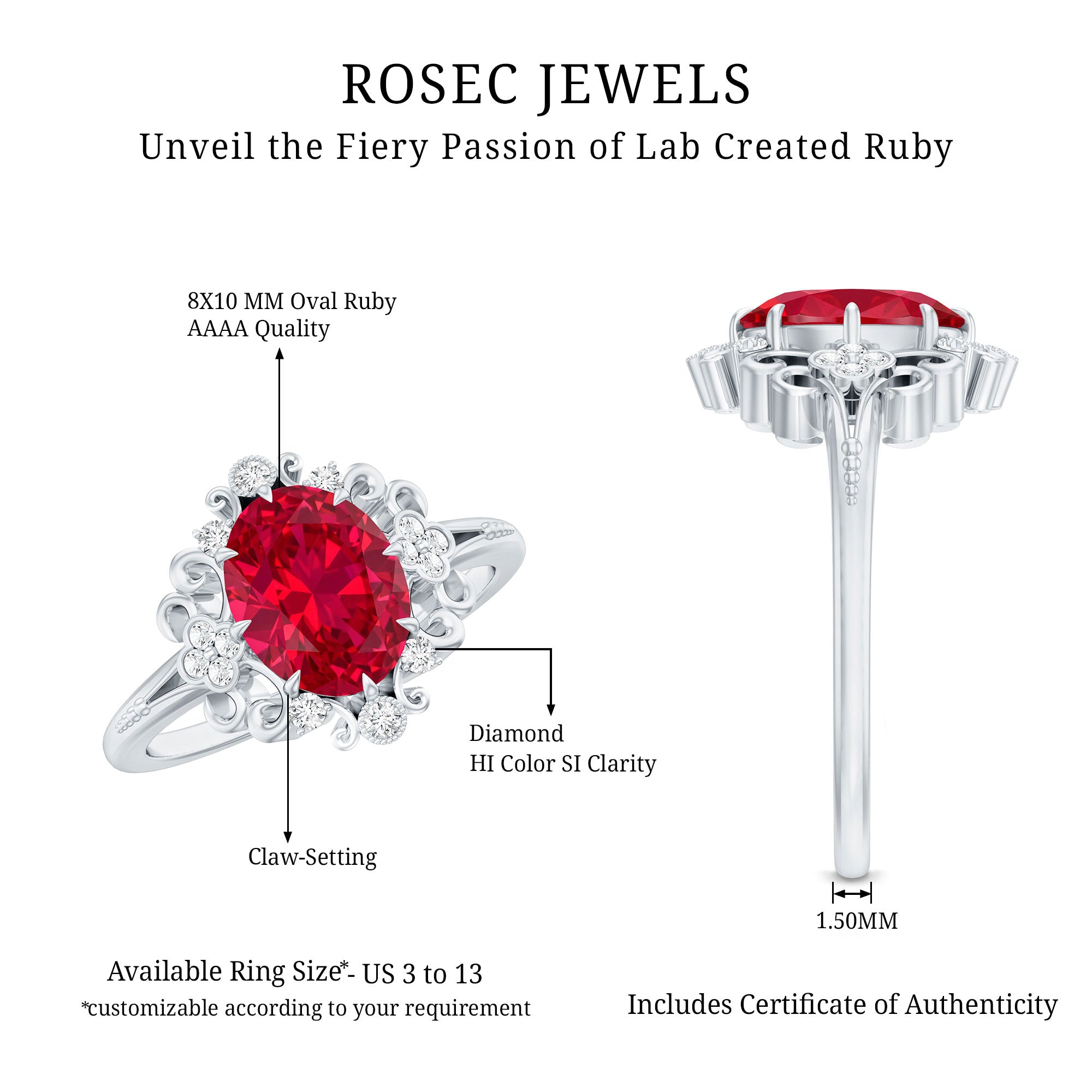 Vintage Inspired Lab Created Ruby and Diamond Engagement Ring AAAA - Rosec Jewels