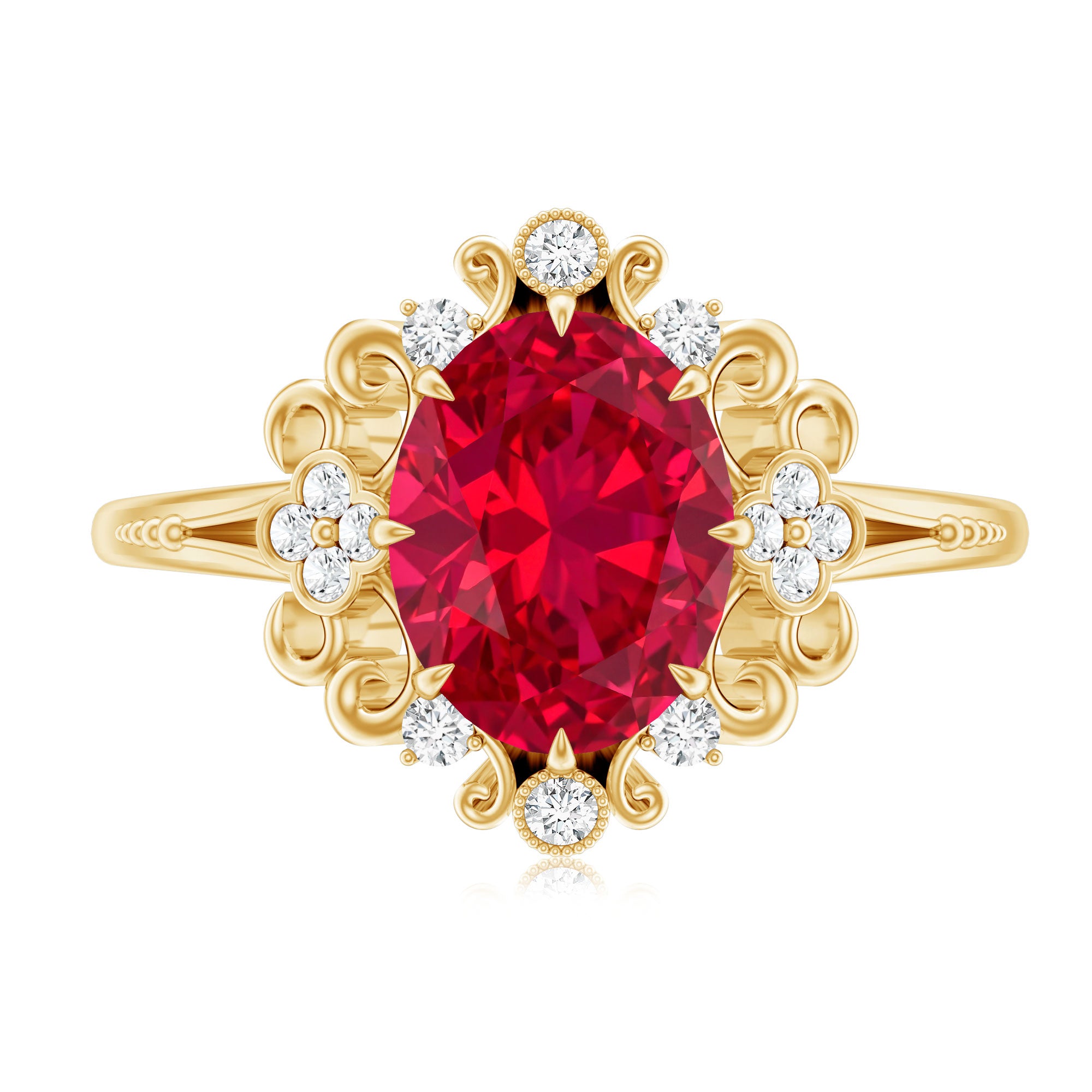 Vintage Inspired Lab Created Ruby and Diamond Engagement Ring AAAA - Rosec Jewels