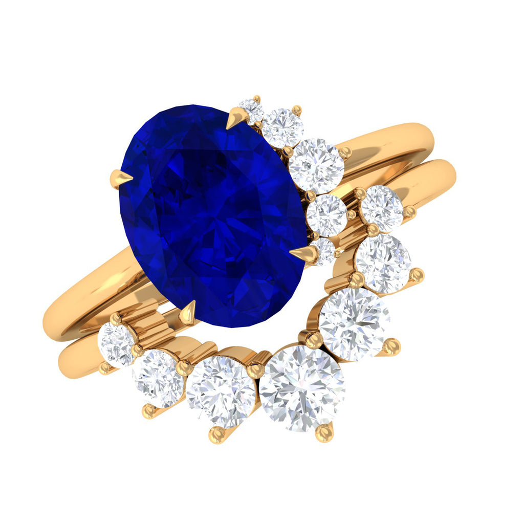 Created Blue Sapphire and Diamond Engagement Enhancer Ring Set Lab Created Blue Sapphire - ( AAAA ) - Quality - Rosec Jewels