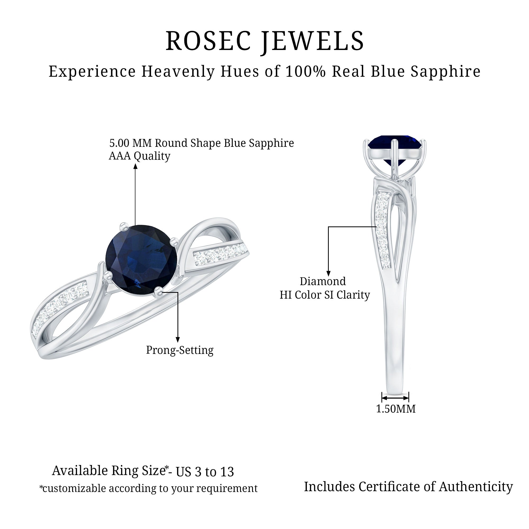 Rosec Jewels-Real 0.95 Carat Round Blue Sapphire Infinity Engagement Ring with Diamond