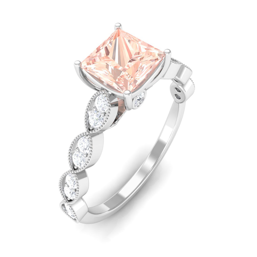 1.25 CT Princess Cut Morganite Solitaire Ring with Diamond Side Stones Morganite - ( AAA ) - Quality - Rosec Jewels