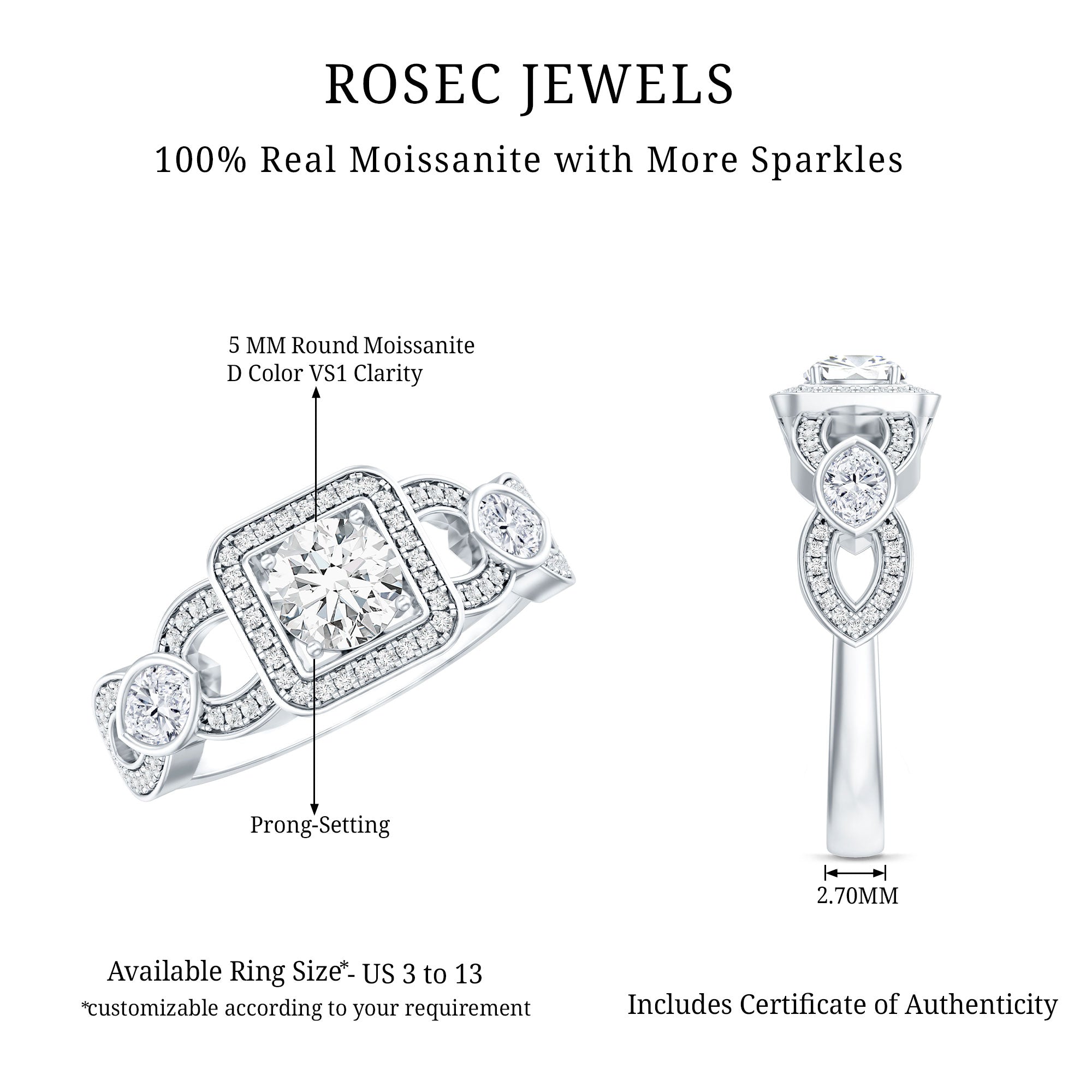 Rosec Jewels-Vintage Inspired Moissanite Halo Engagement Ring with Certificate