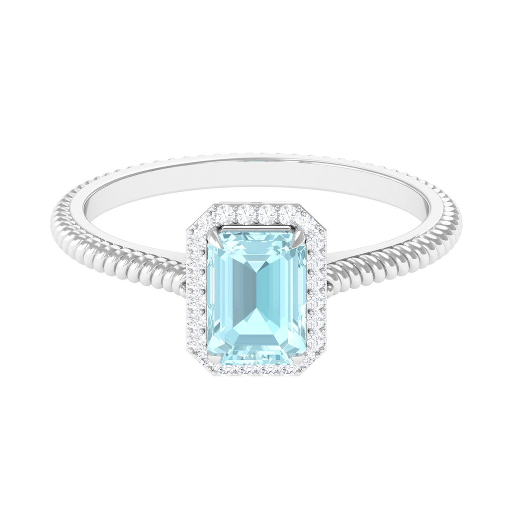 Emerald Cut Sky Blue Topaz and Diamond Halo Ring Sky Blue Topaz - ( AAA ) - Quality - Rosec Jewels