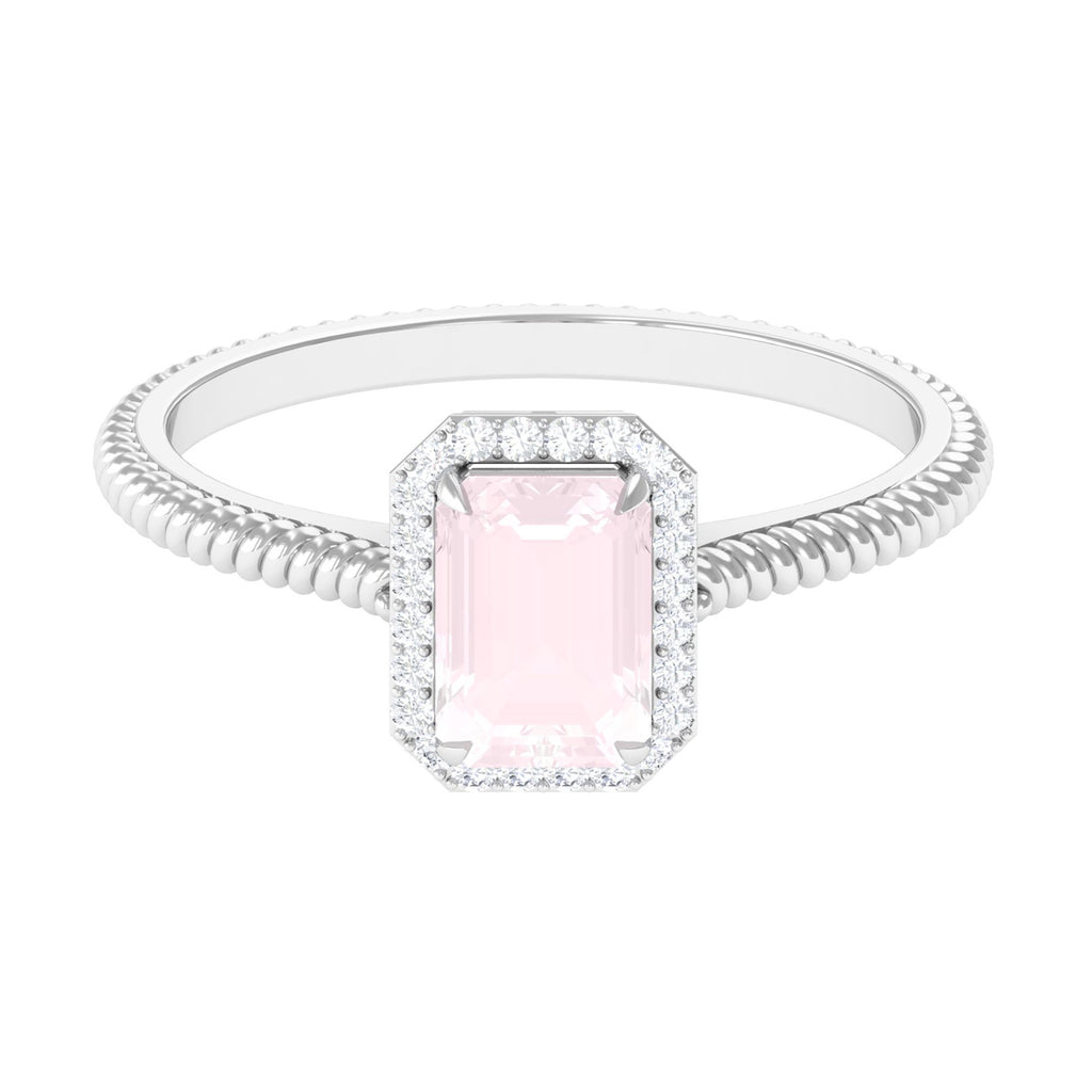 Octagon Rose Quartz Ring with Diamond Halo Rose Quartz - ( AAA ) - Quality - Rosec Jewels