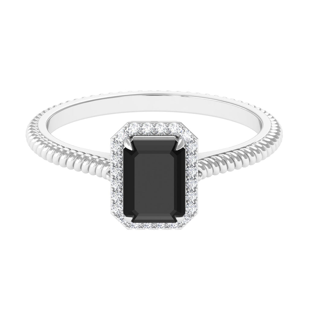 Emerald Cut Black Spinel and Diamond Halo Ring with Twisted Rope Black Spinel - ( AAA ) - Quality - Rosec Jewels