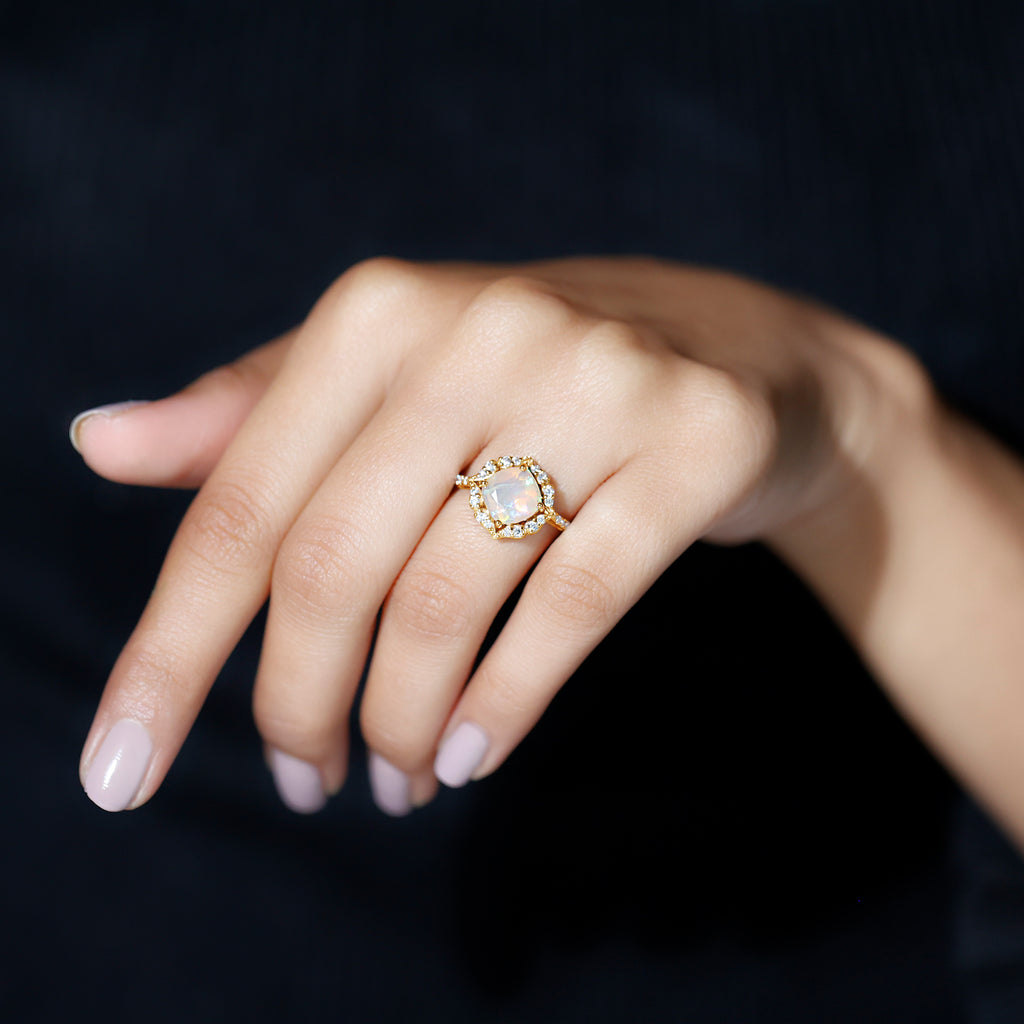 Rosec Jewels-Cushion Cut Ethiopian Opal Flower Engagement Ring with Diamond
