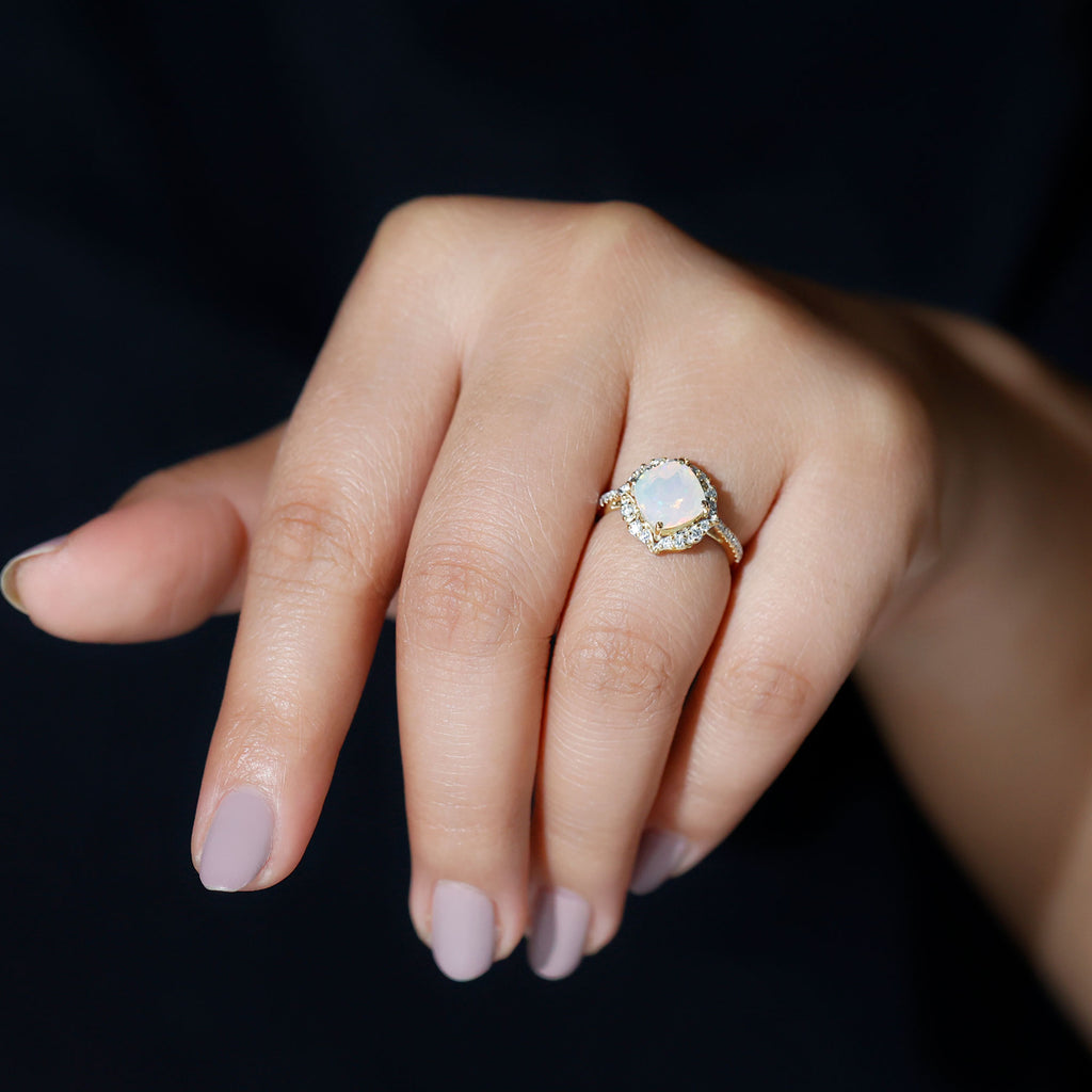Rosec Jewels-Cushion Cut Ethiopian Opal Flower Engagement Ring with Diamond