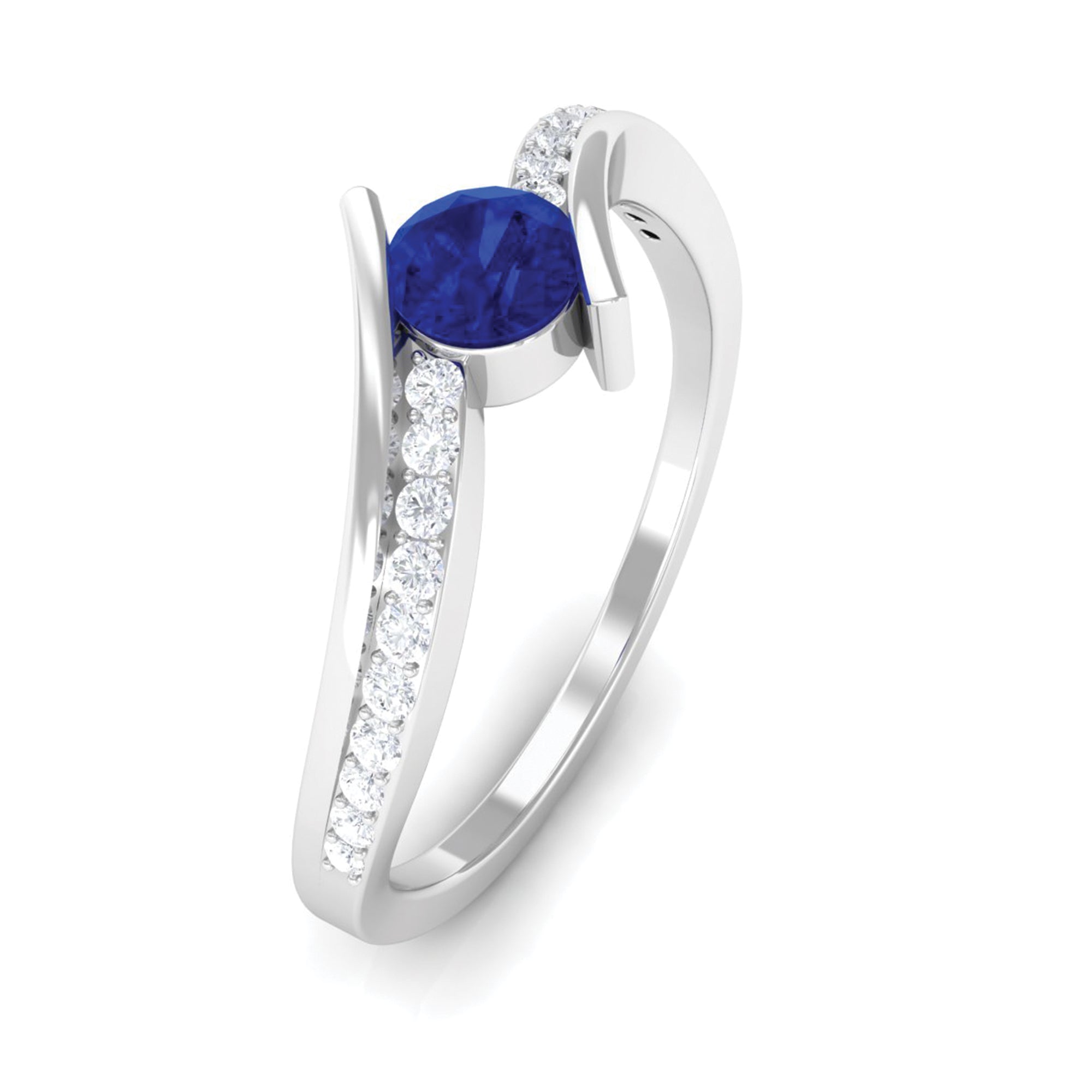 Rosec Jewels-Round Genuine Blue Sapphire Bypass Engagement Ring with Diamond