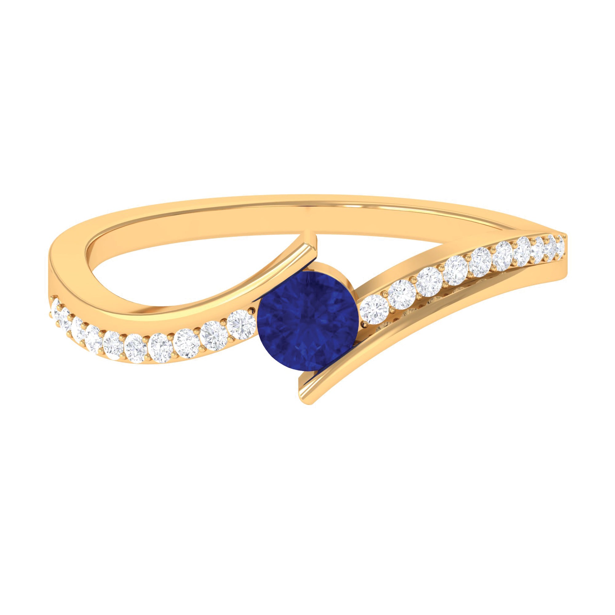 Rosec Jewels-Round Genuine Blue Sapphire Bypass Engagement Ring with Diamond
