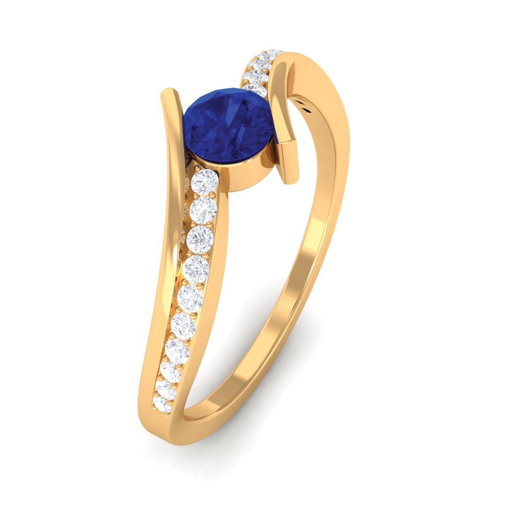 Rosec Jewels-Round Genuine Blue Sapphire Bypass Engagement Ring with Diamond