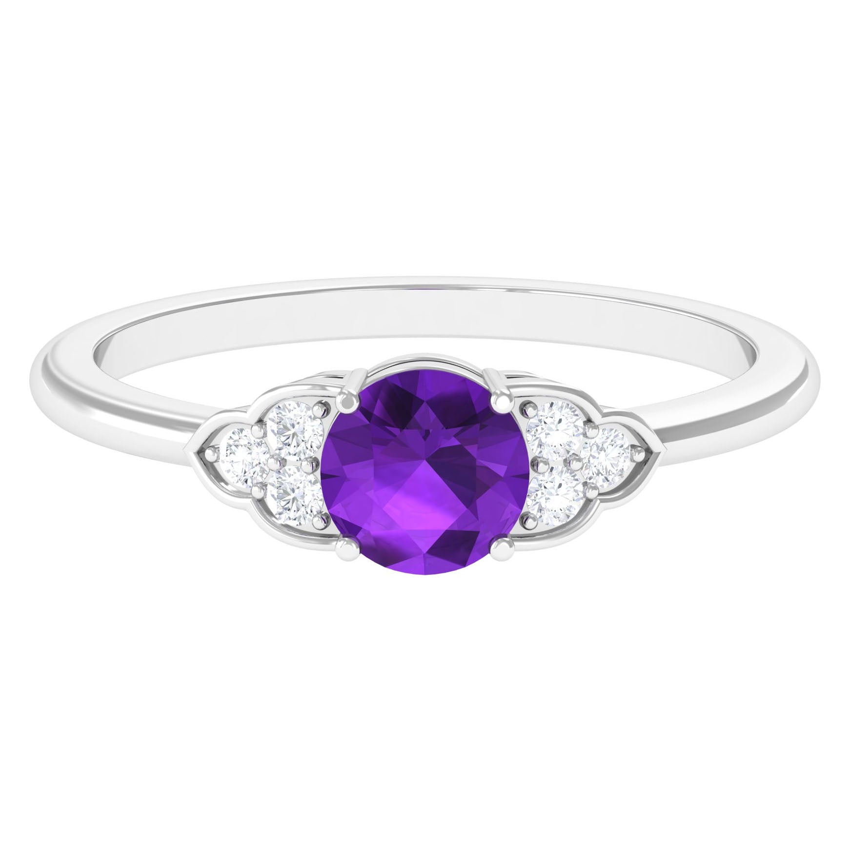 Round Amethyst and Diamond Engagement Ring Amethyst - ( AAA ) - Quality - Rosec Jewels